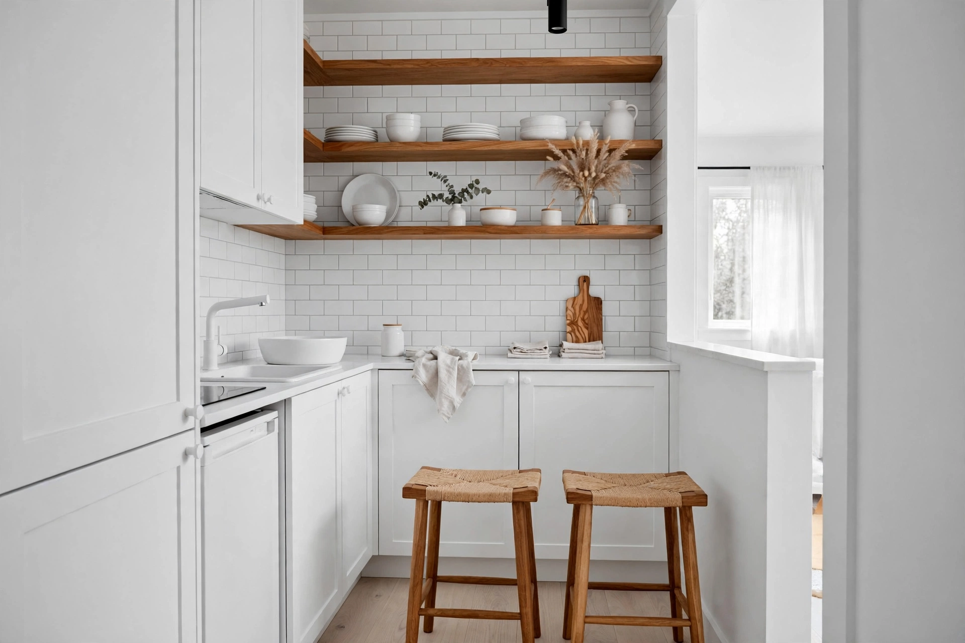Monochrome white kitchen with warm wood open shelves and stools in a small space.