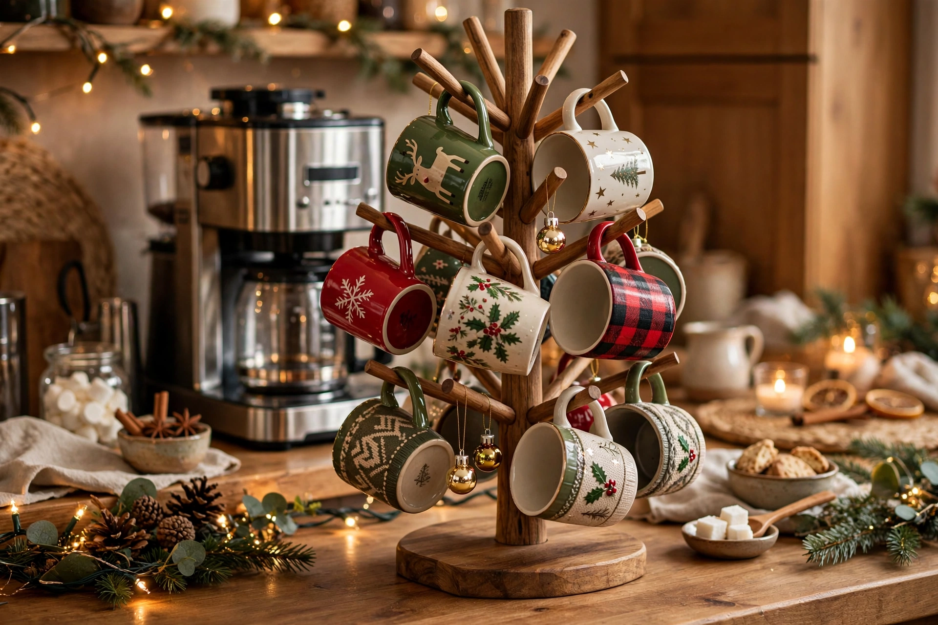 Countertop mug tree with Christmas mugs and mini ornaments