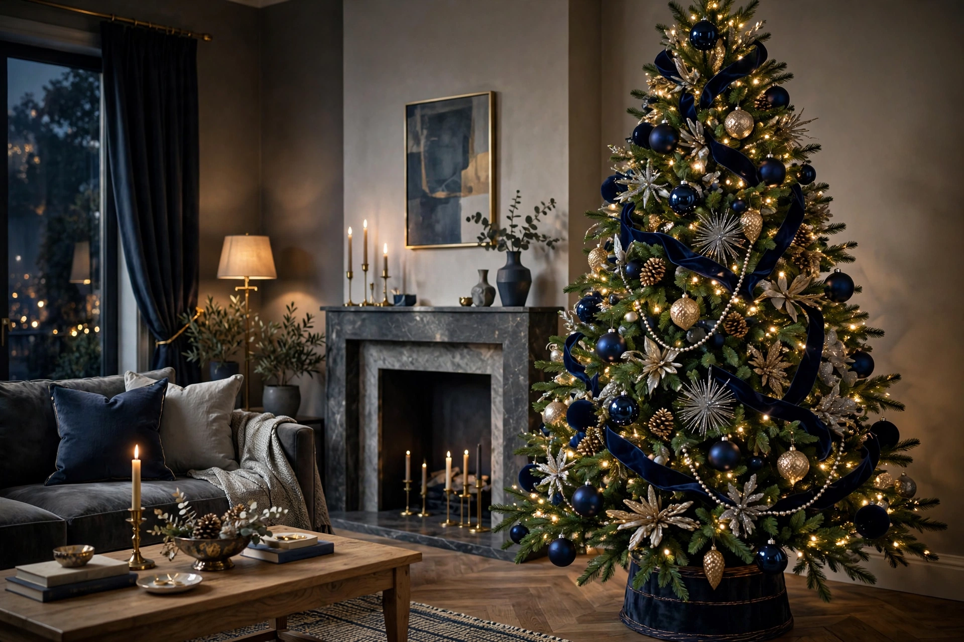 navy blue elegant Christmas tree with deep blue ornaments and silver accents