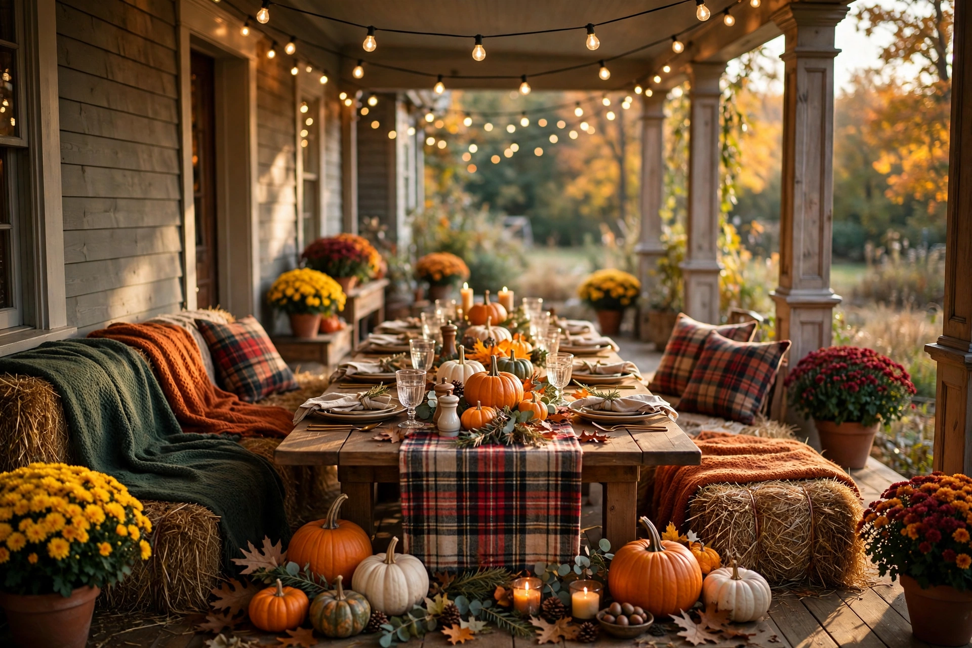 Outdoor porch harvest table — Thanksgiving centerpiece idea