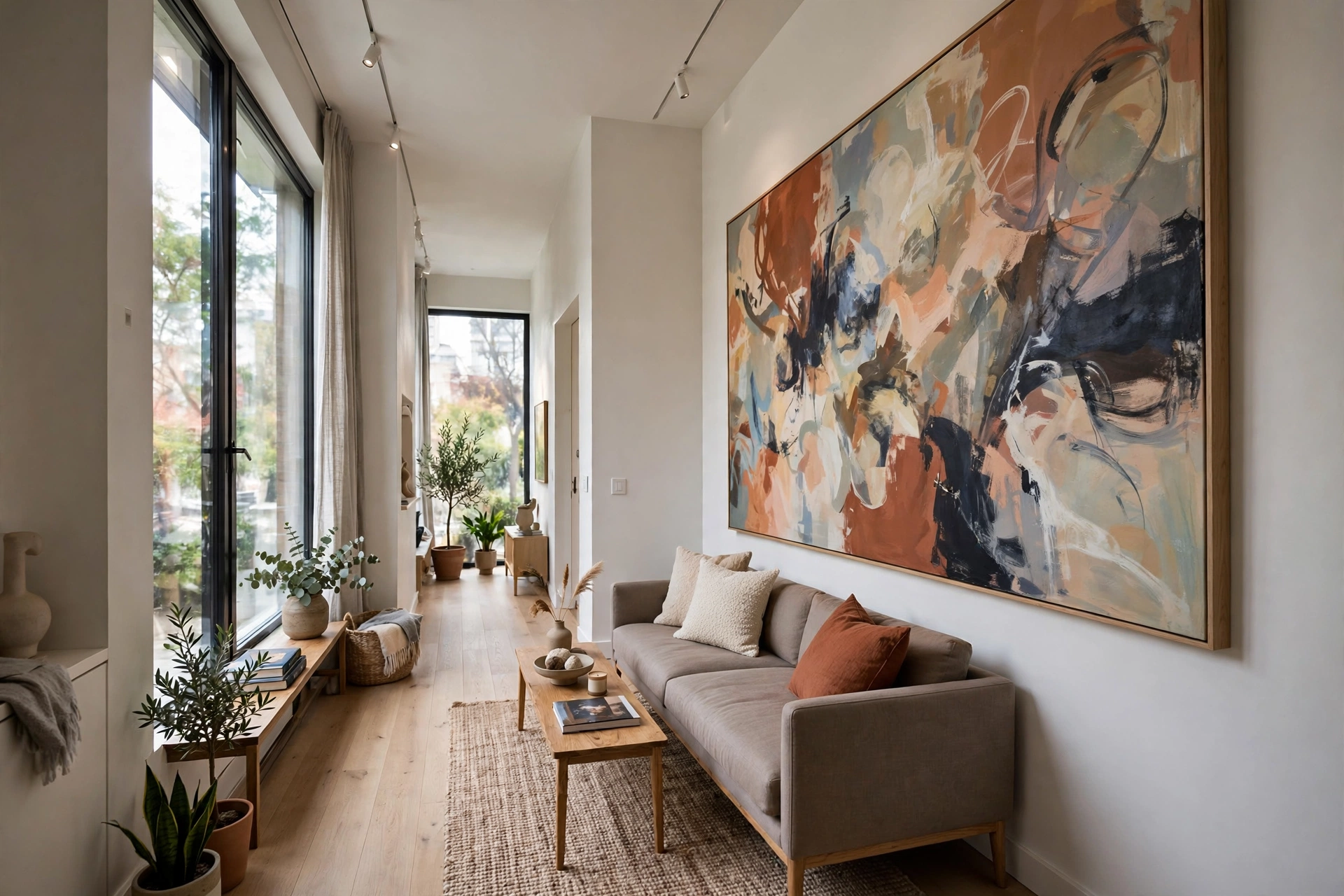 Oversized art on the long wall — narrow living room idea