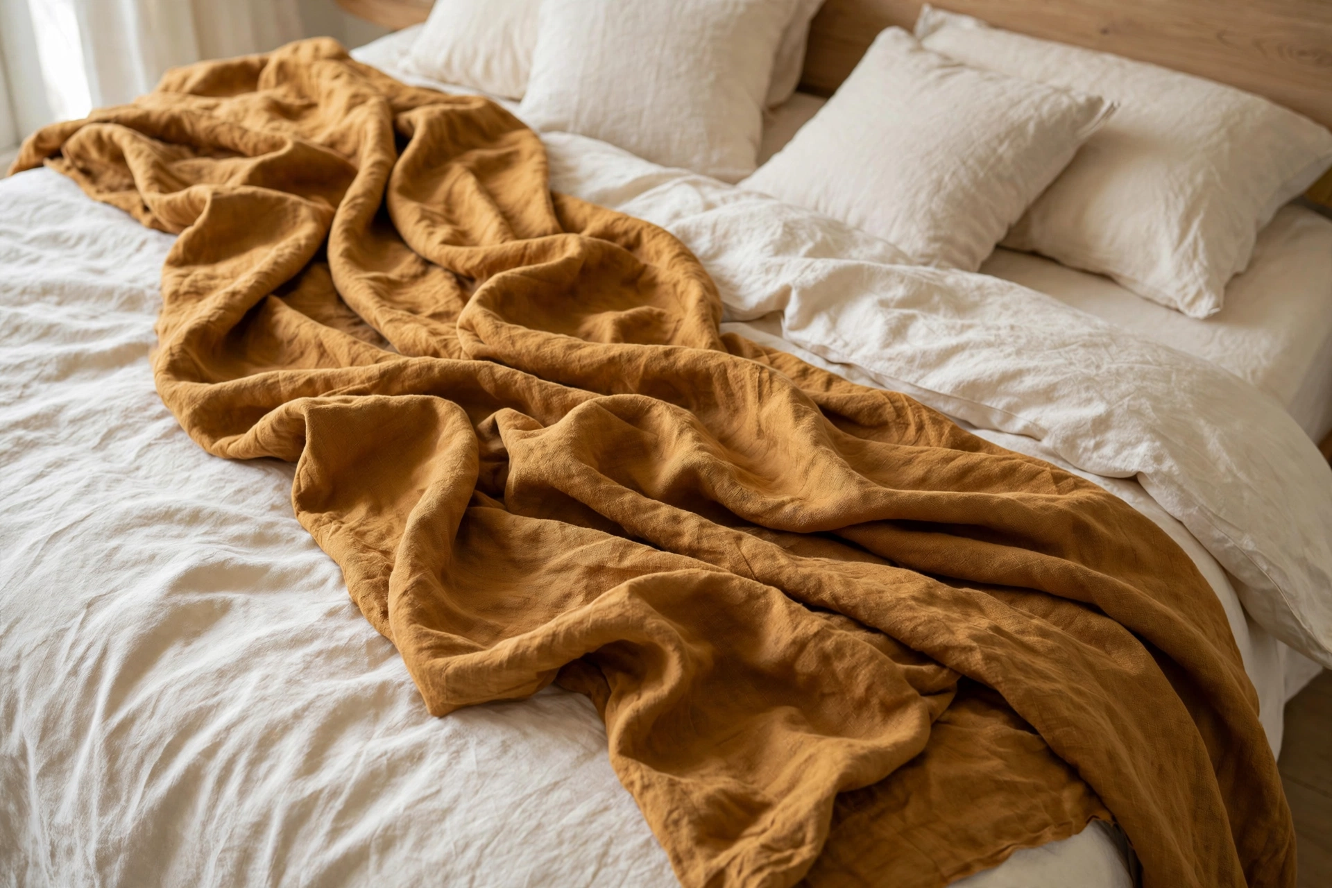 Oversized ochre linen throw tossed diagonally across cream bedding.