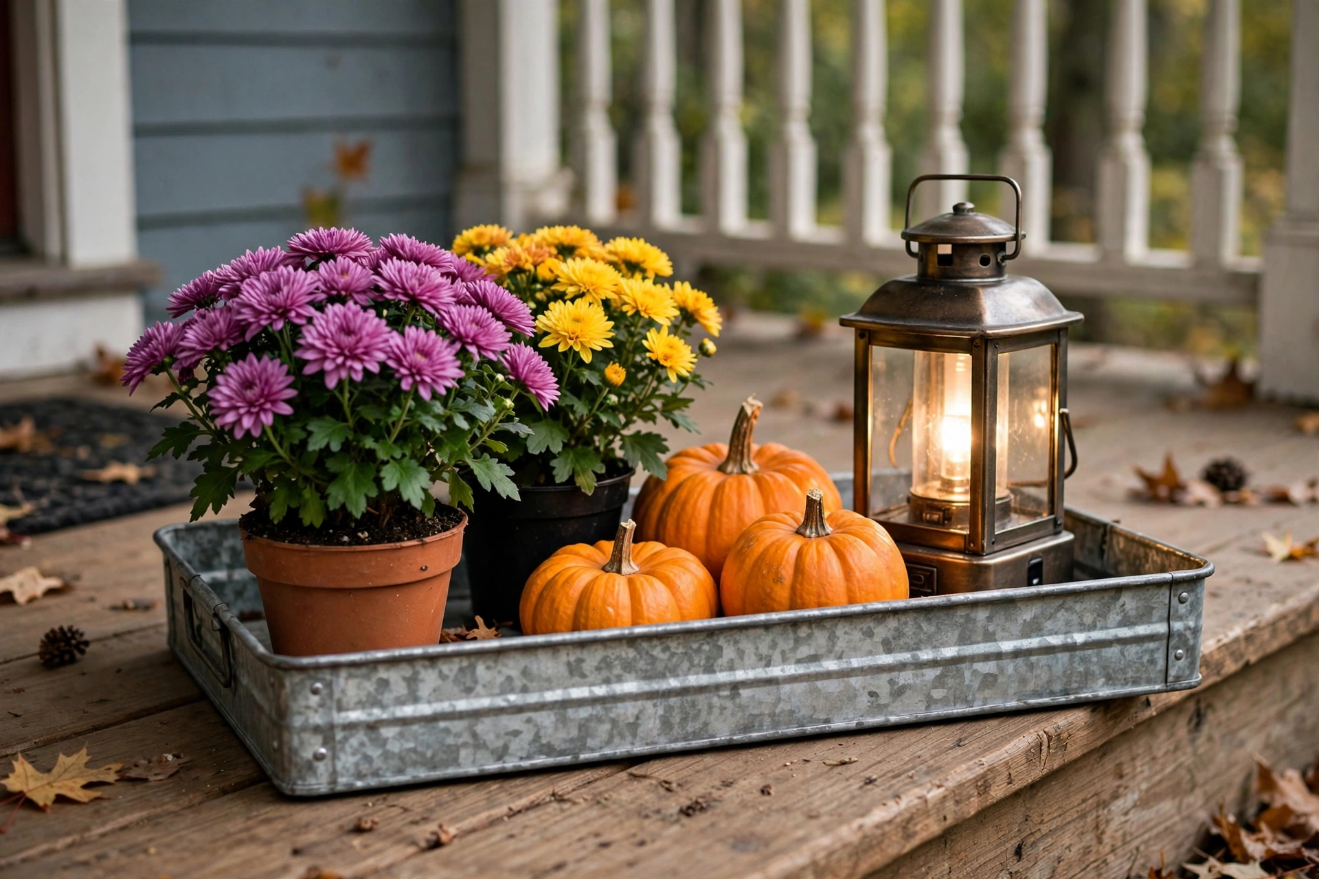 Galvanized metal tray with potted mums, mini pumpkins, and a battery lantern on a porch.