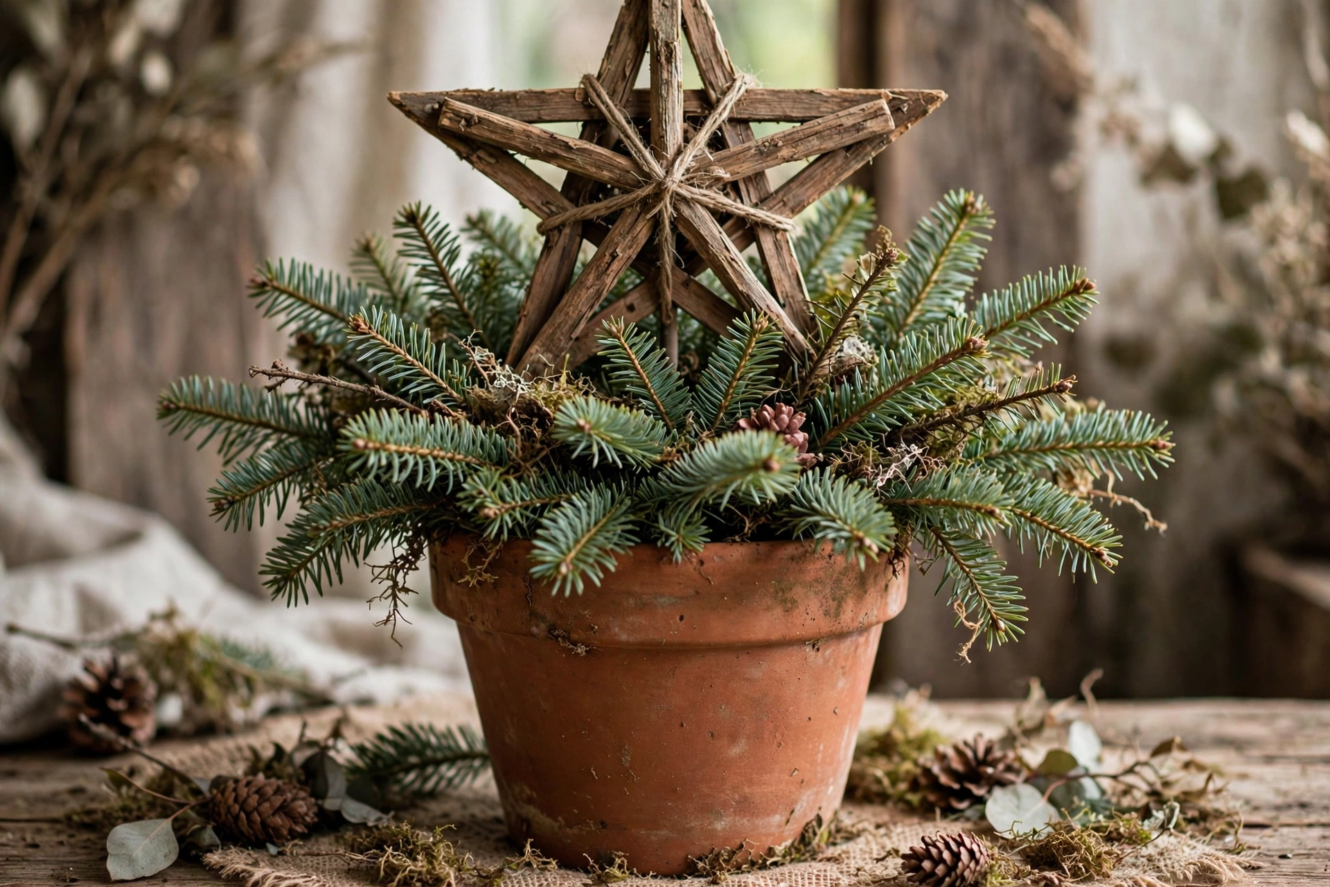 Terracotta pot with fir branches crowned by a large rustic star topper.