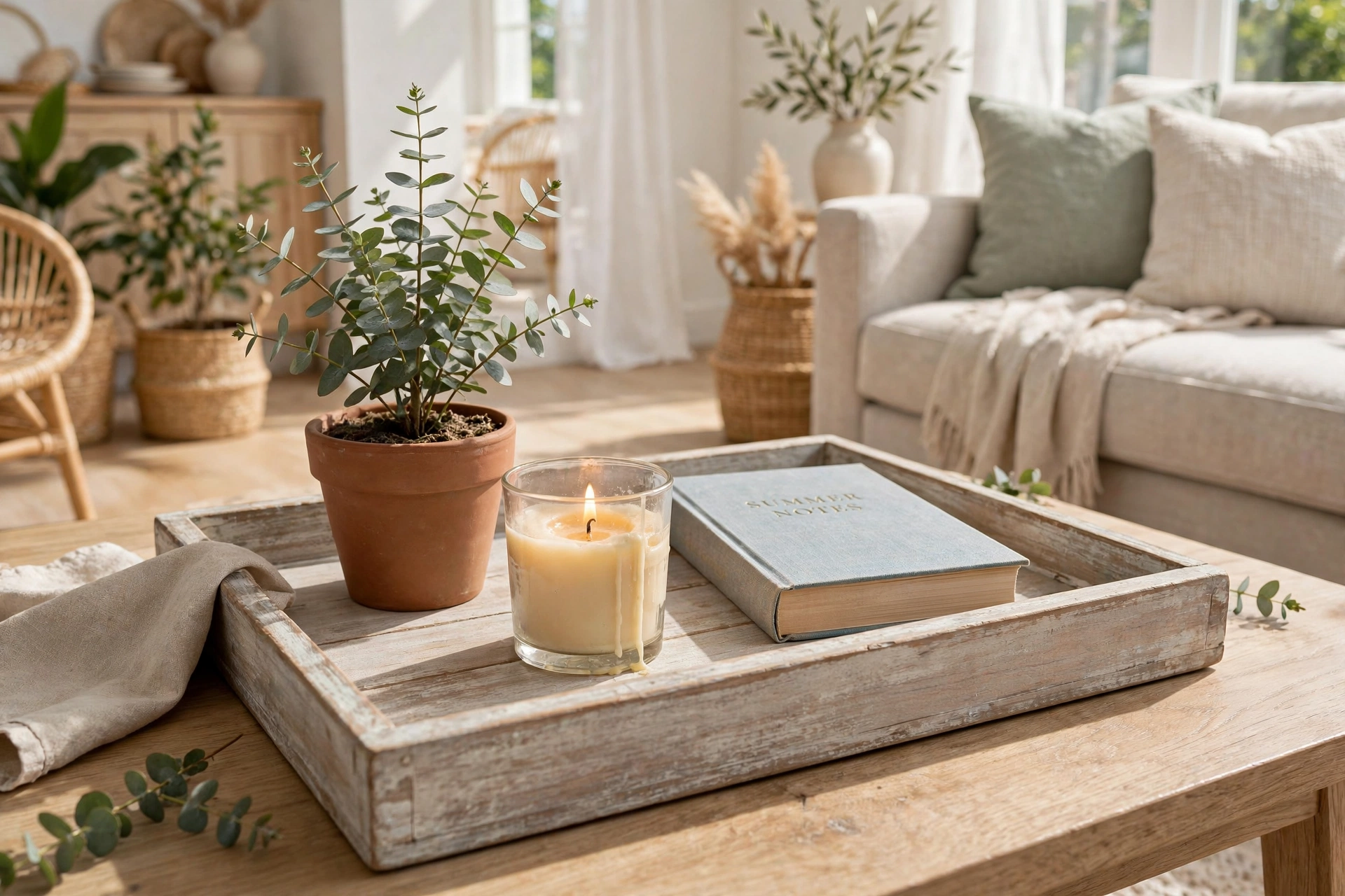 Sun-bleached wood tray holding a small potted plant, a candle, and a book on a coffee table in a bright living room.
