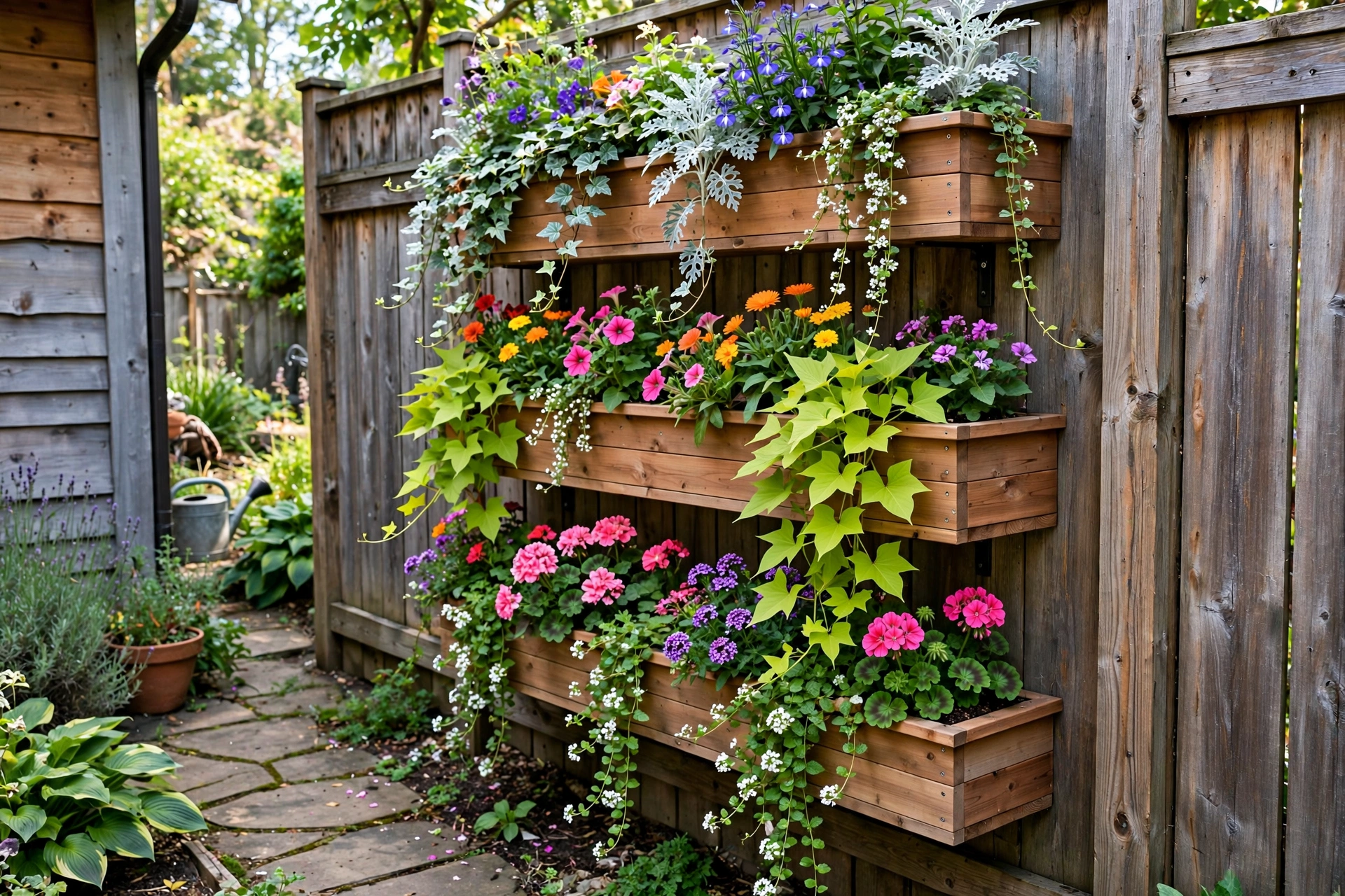 Tiered cedar planter boxes mounted on a wooden fence filled with colorful flowers and trailing plants, side yard.
