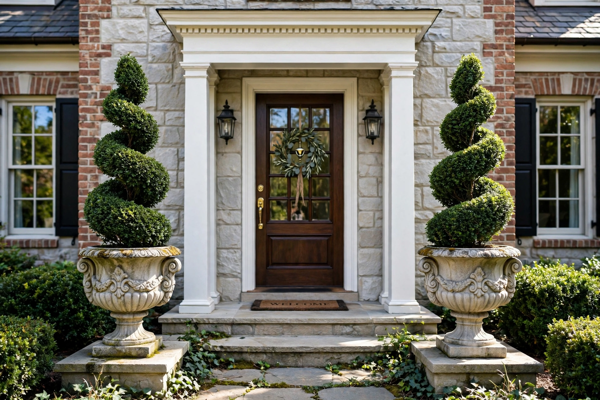 Spiral topiaries in classic stone urns flanking a front entry.