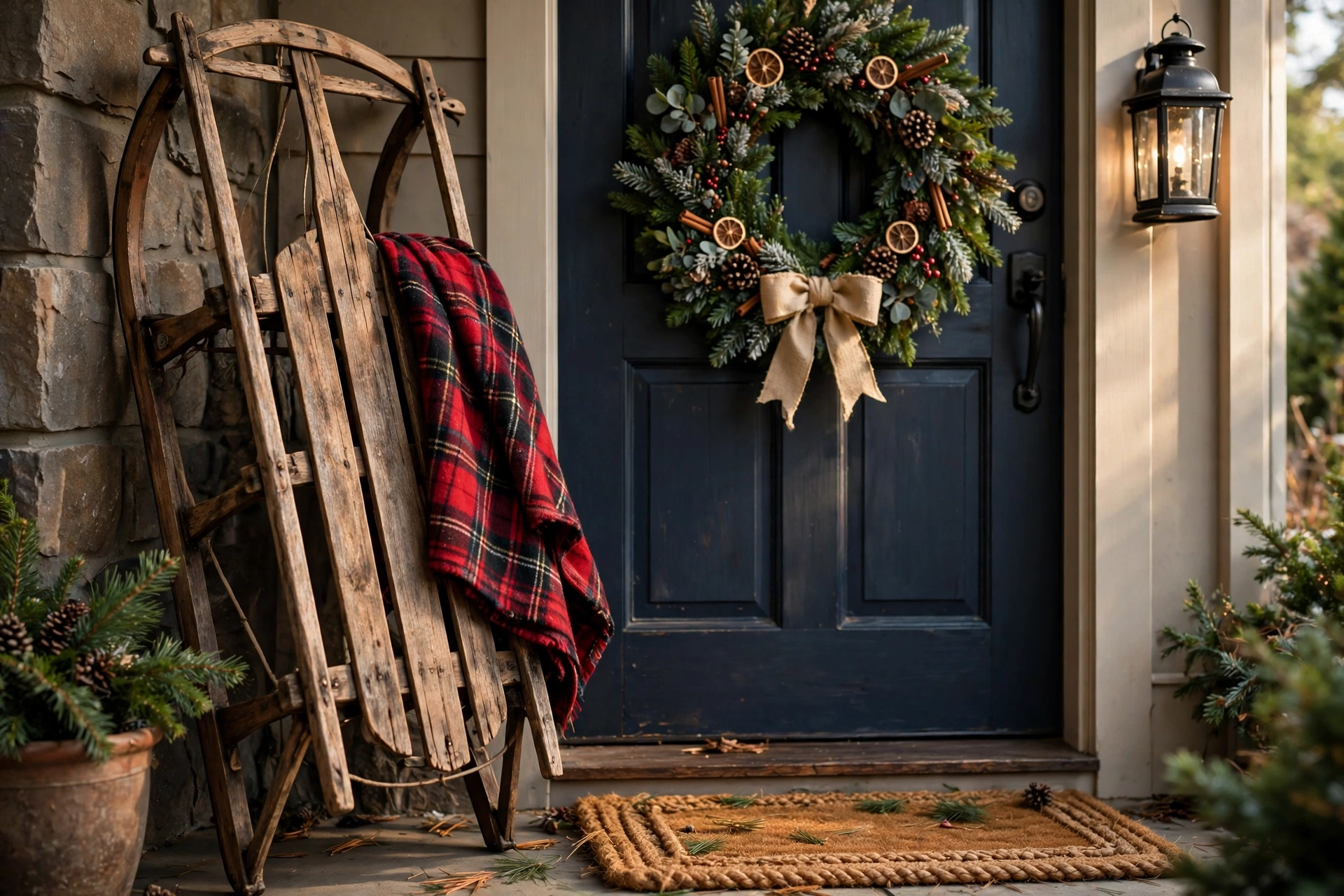 Vintage sled leaning by the door — Christmas door idea