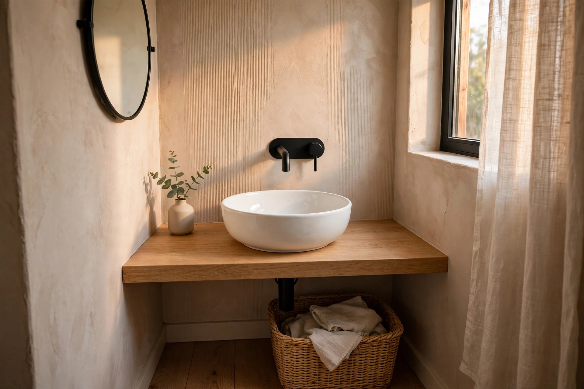 Wall-mounted faucet in a small bathroom — small bathroom decor idea