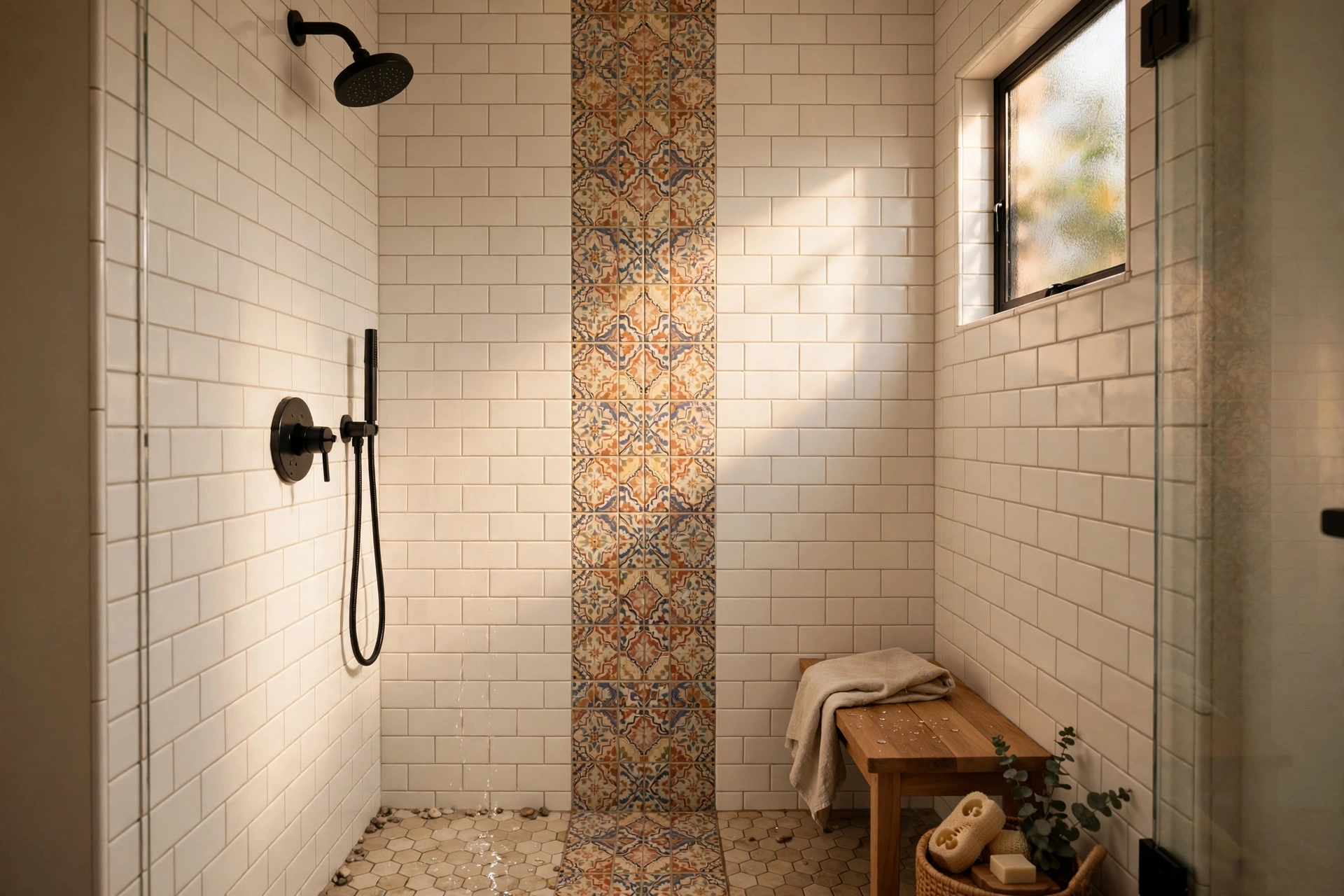 Vertical accent tile stripe in a small bathroom — small bathroom decor idea