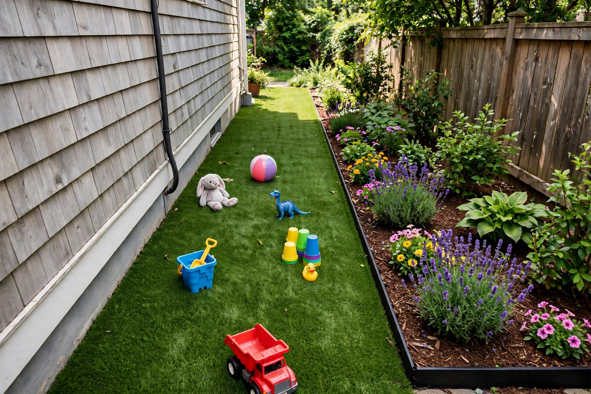 Strip of artificial turf in a narrow side yard with children's toys, clean edging next to flower beds.