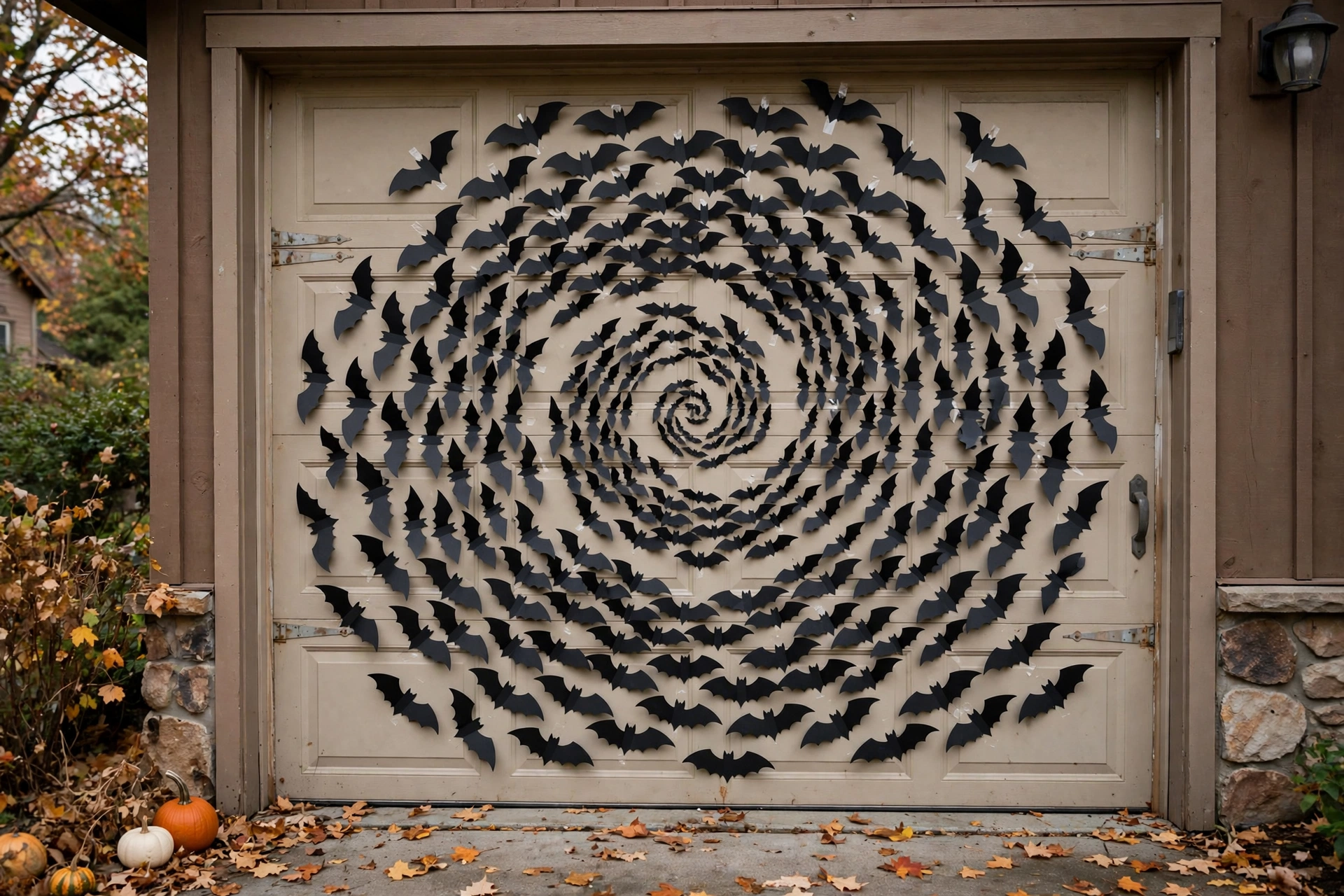 Hundreds of black cardstock bats swarming across a garage door in a spiral pattern.