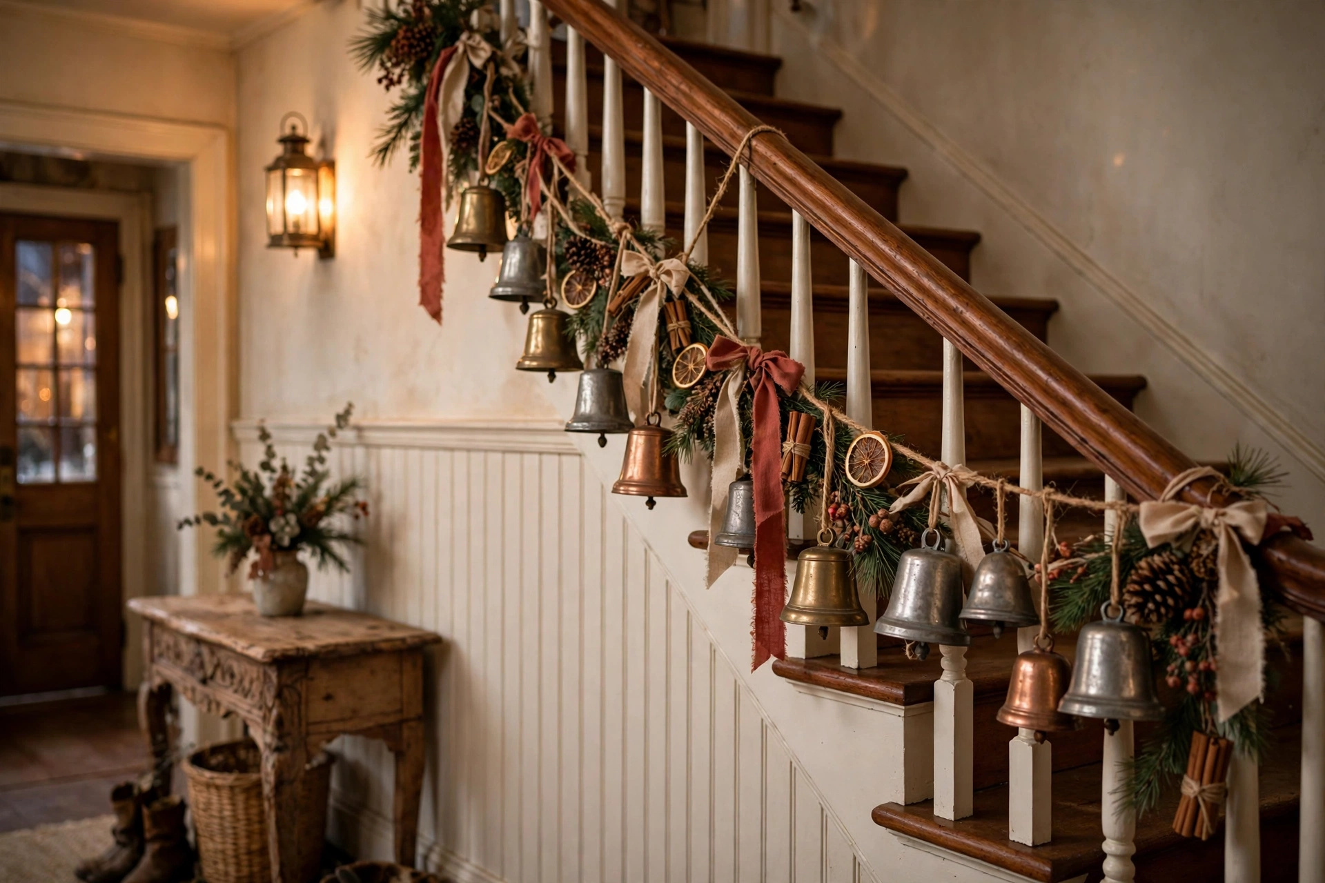 Vintage brass and copper bells strung along a staircase handrail with ribbon.