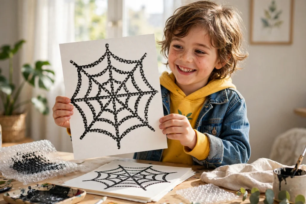 Bubble wrap spider web prints — Halloween craft for children