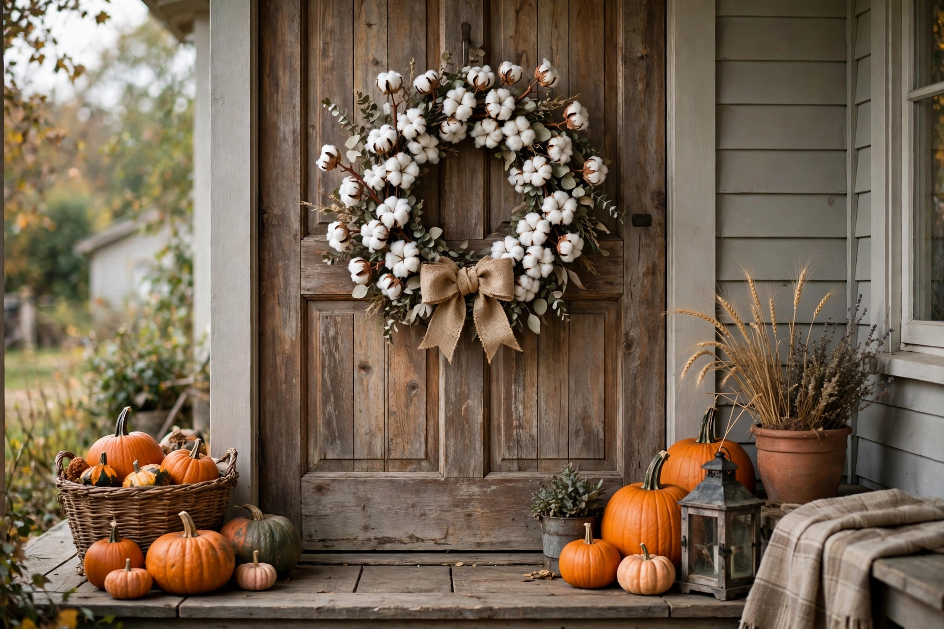 Cotton stem wreath with a burlap bow hanging on a farmhouse front door.