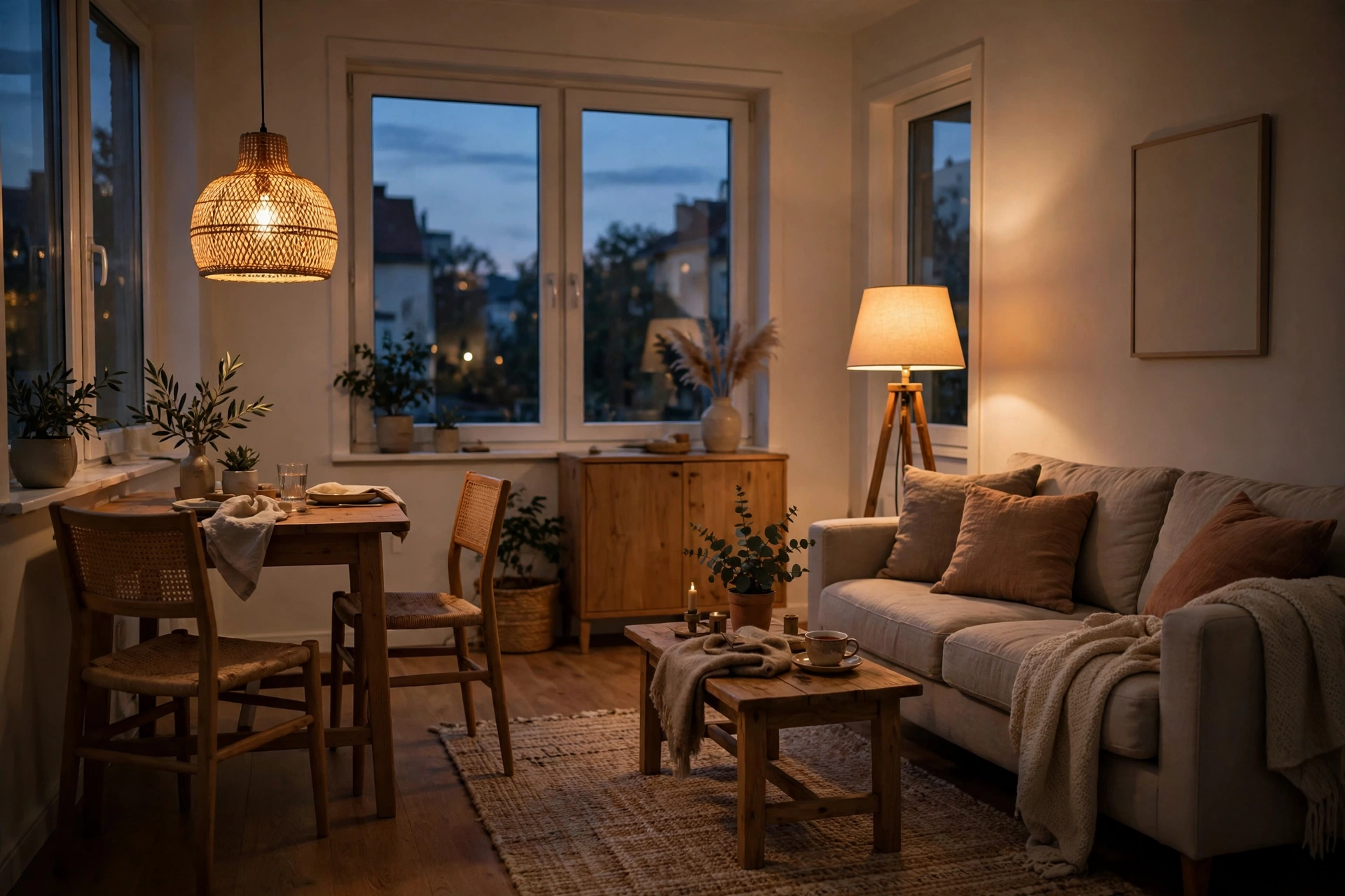 Warm dimmed pendant and floor lamp lighting in a cozy combo room at dusk.