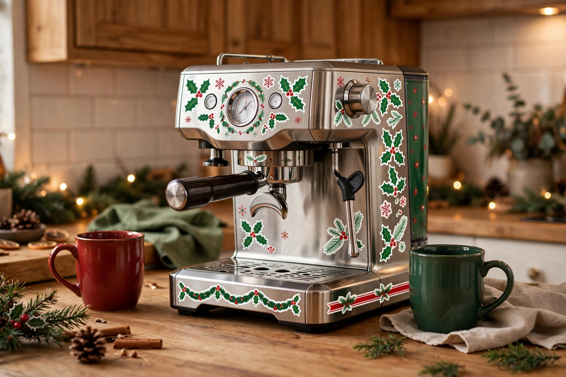 Espresso machine with festive holiday decals and matching mugs