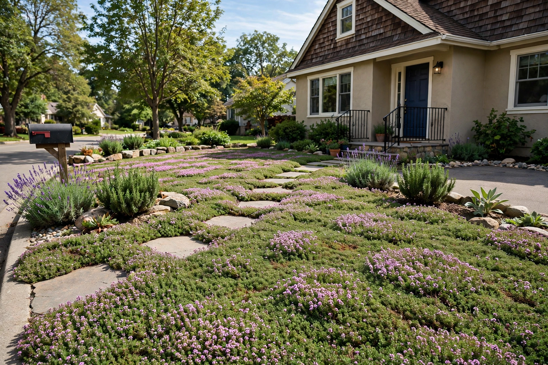 Front yard with creeping thyme groundcover instead of traditional grass lawn.