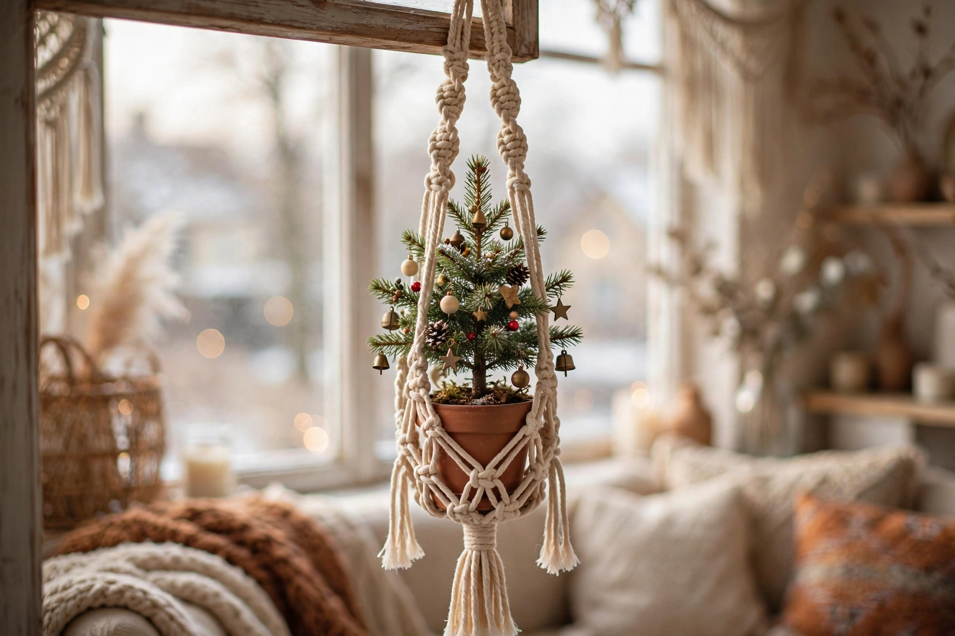 A macrame plant hanger holding a mini pine tree in a bright window