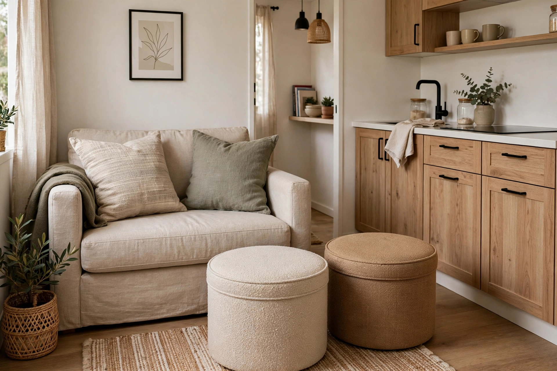 Round storage ottomans beside a sofa in a tiny open plan living area.