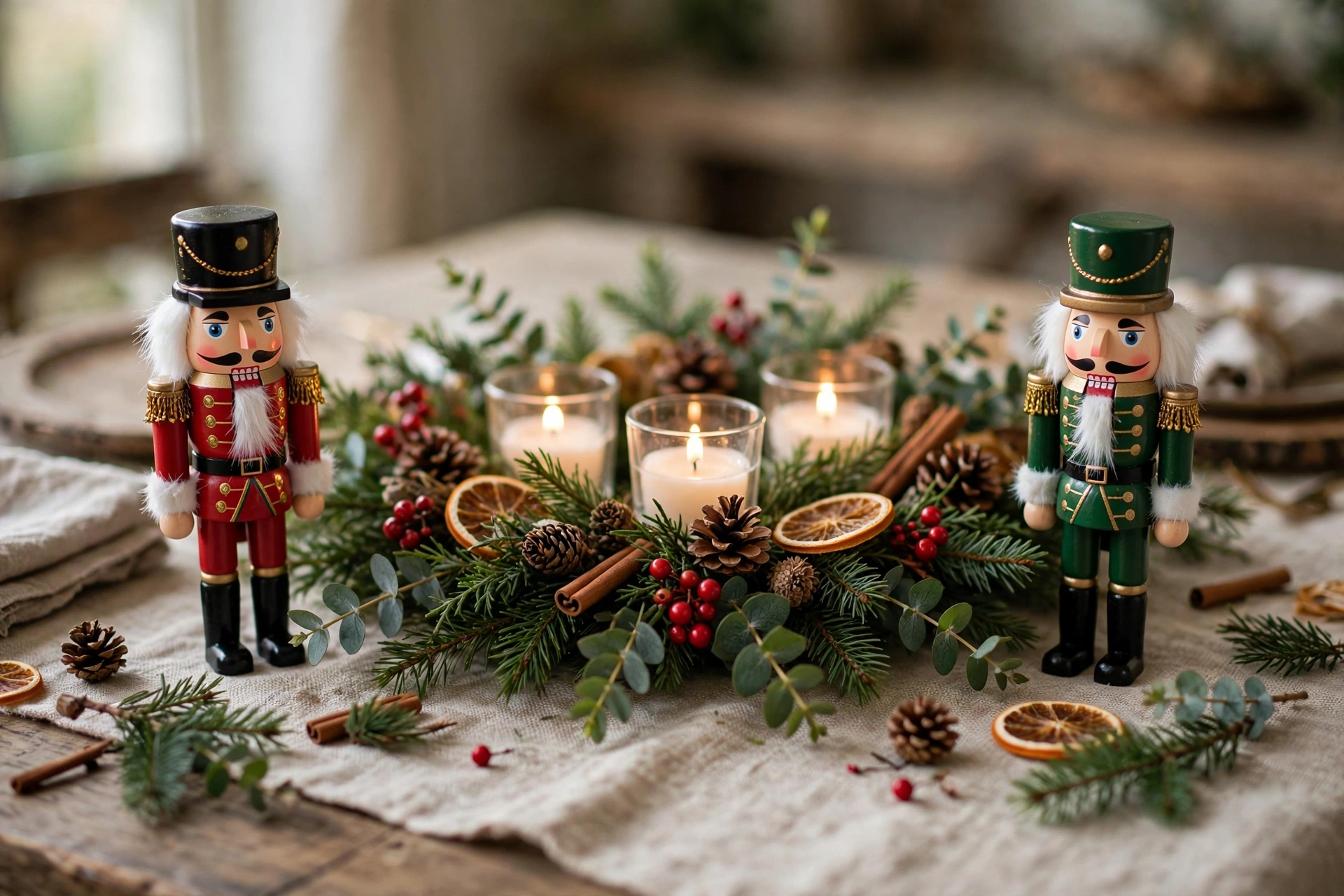 Pair of small nutcrackers flanking a low greenery and candle arrangement on a table.
