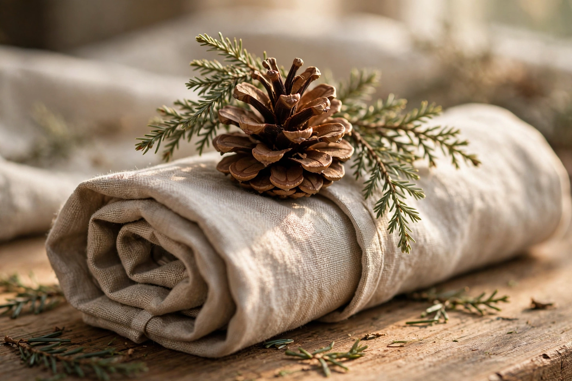 Pinecone-topped roll napkin fold — Christmas napkin folding idea