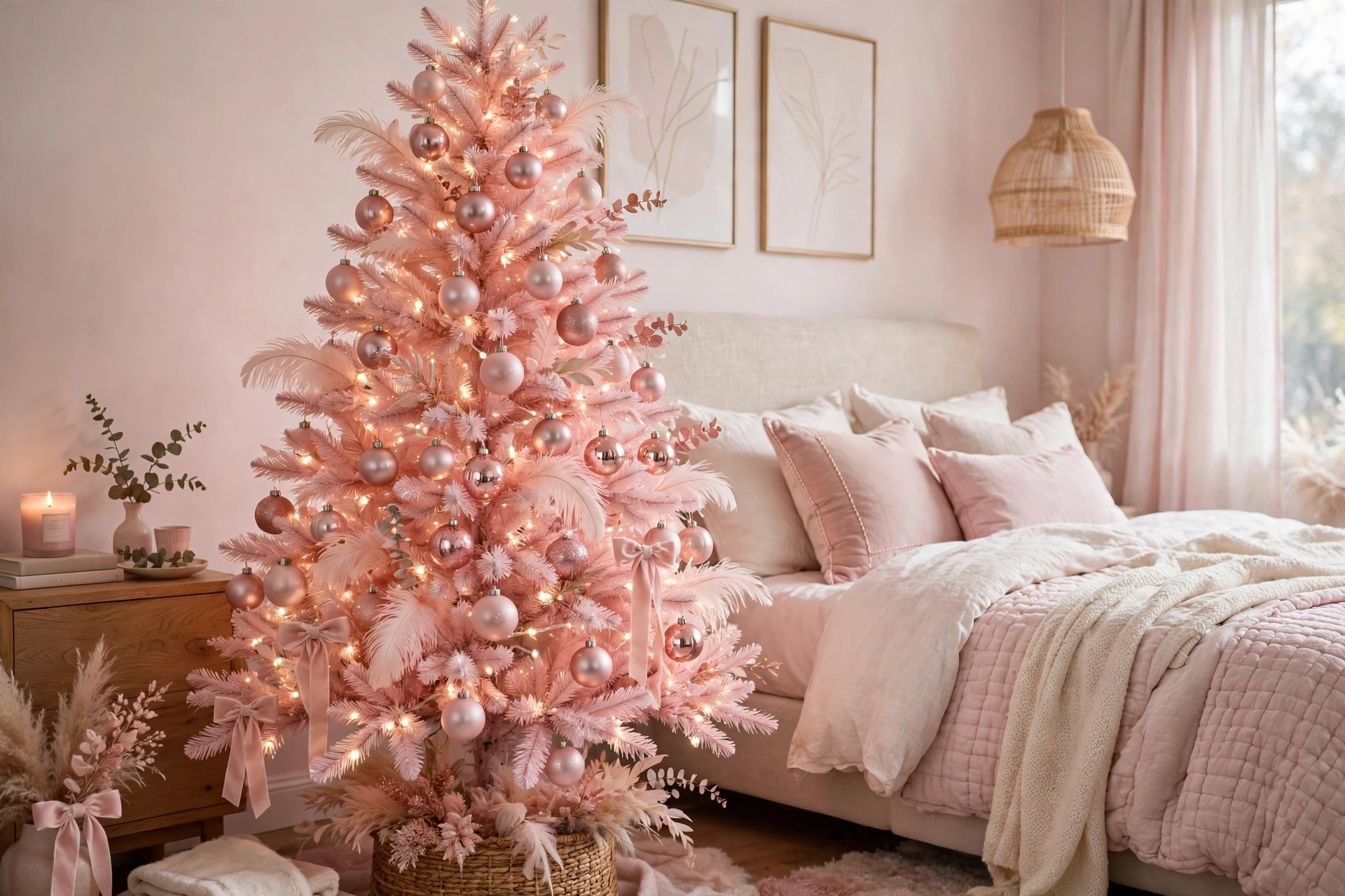 pink blush Christmas tree with soft pink ornaments and rose gold accents