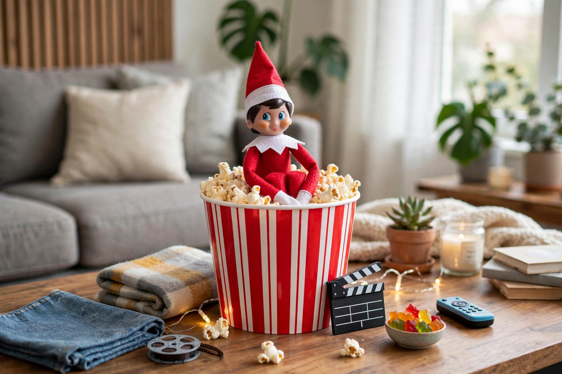 Popcorn movie night elf arrival — elf on the shelf arrival idea