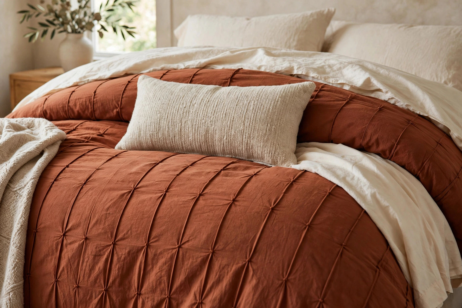Rust pin-tuck duvet with cream sheets and an oatmeal lumbar pillow.