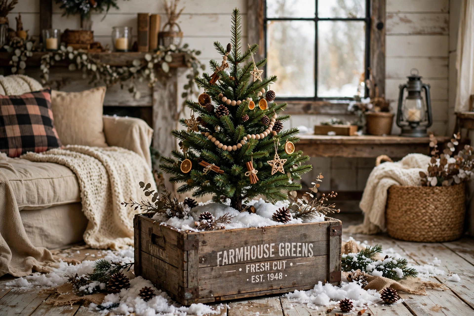 Small Christmas tree standing inside a vintage wooden crate with faux snow around the base.