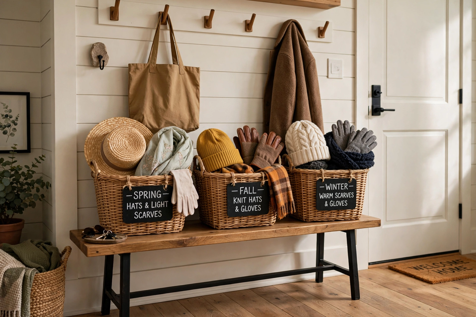 Seasonal rotation baskets — drop zone idea