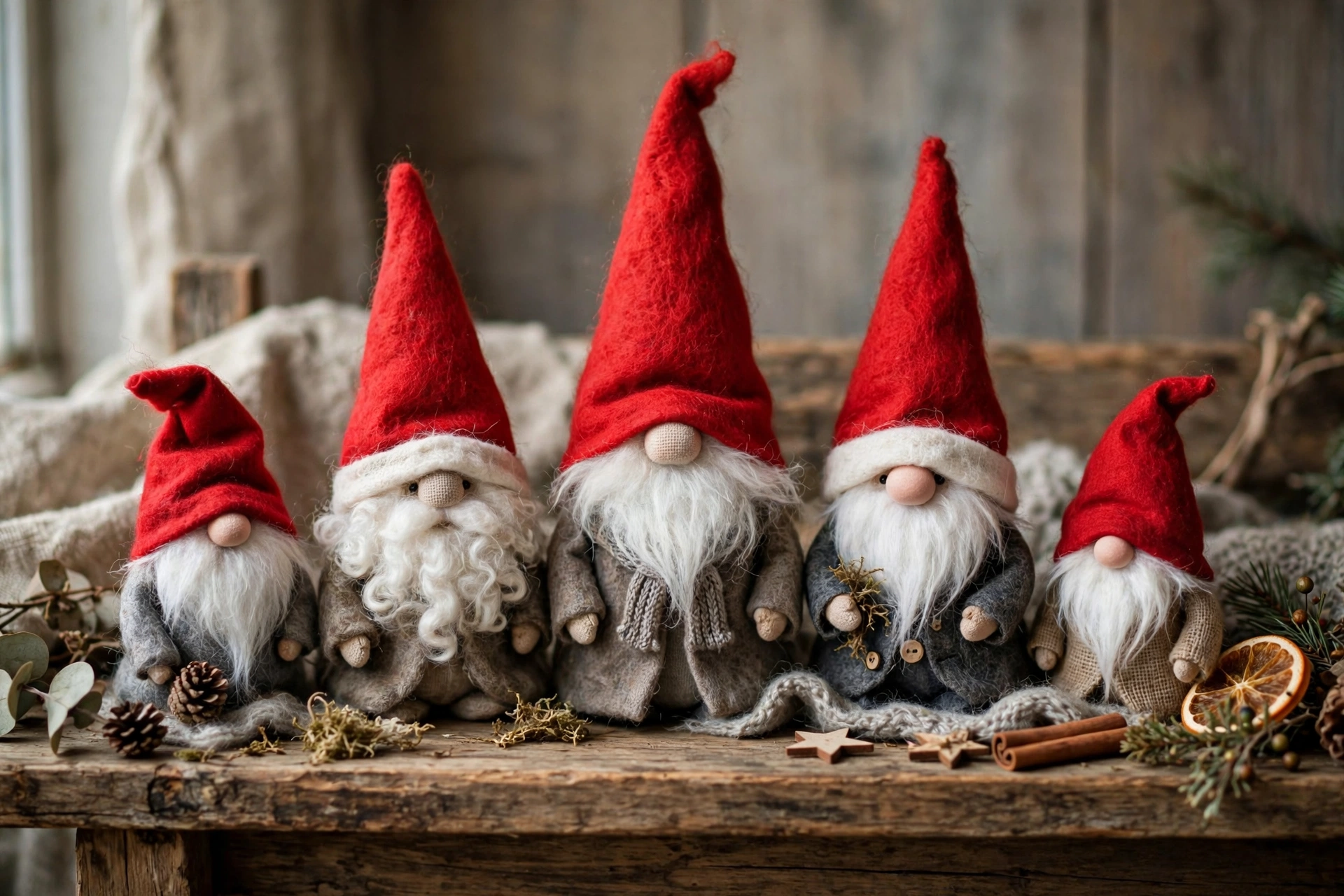 Small tomte gnome figures with tall red hats on a wooden shelf.