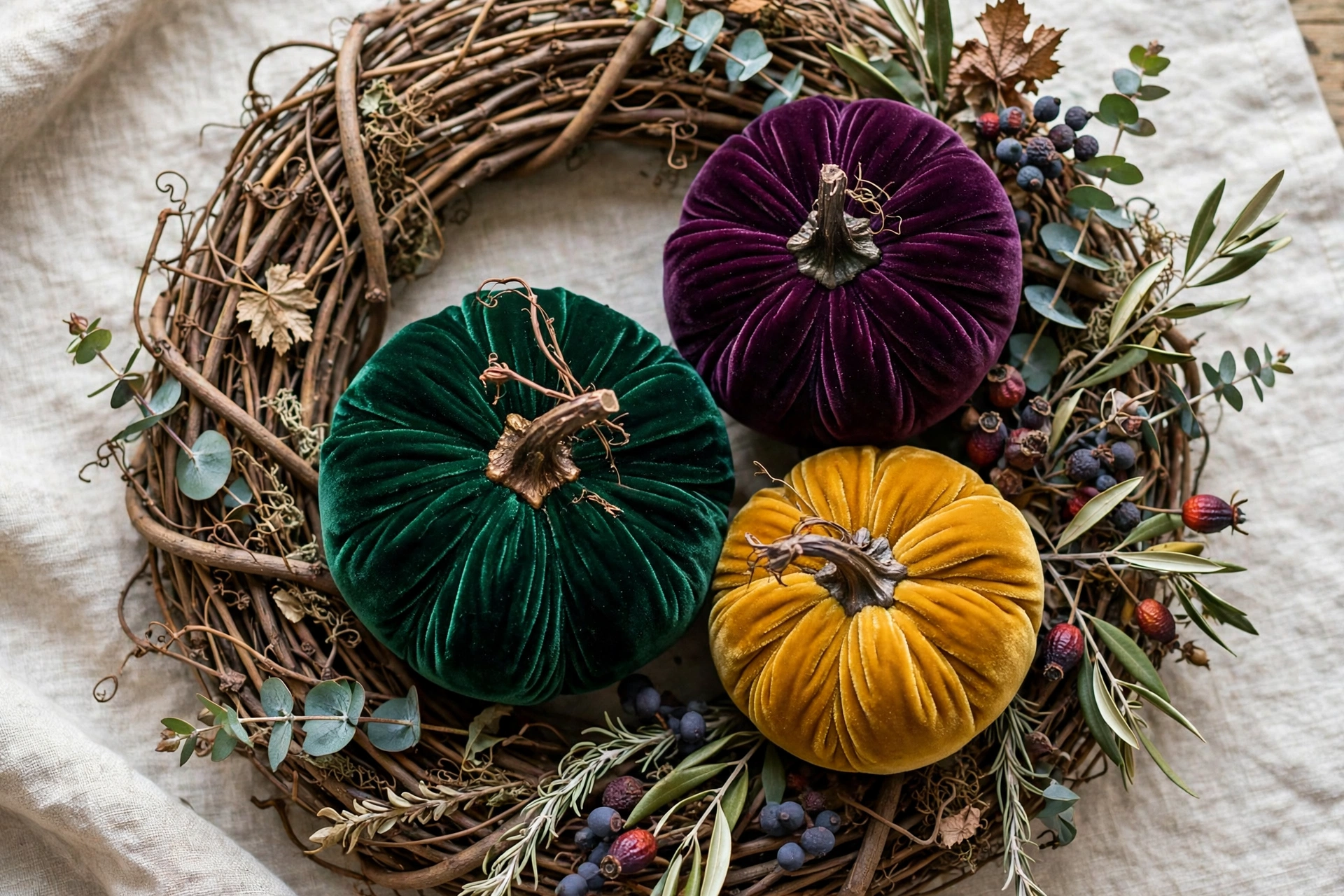 Grapevine wreath with jewel tone velvet pumpkins in emerald plum and mustard.
