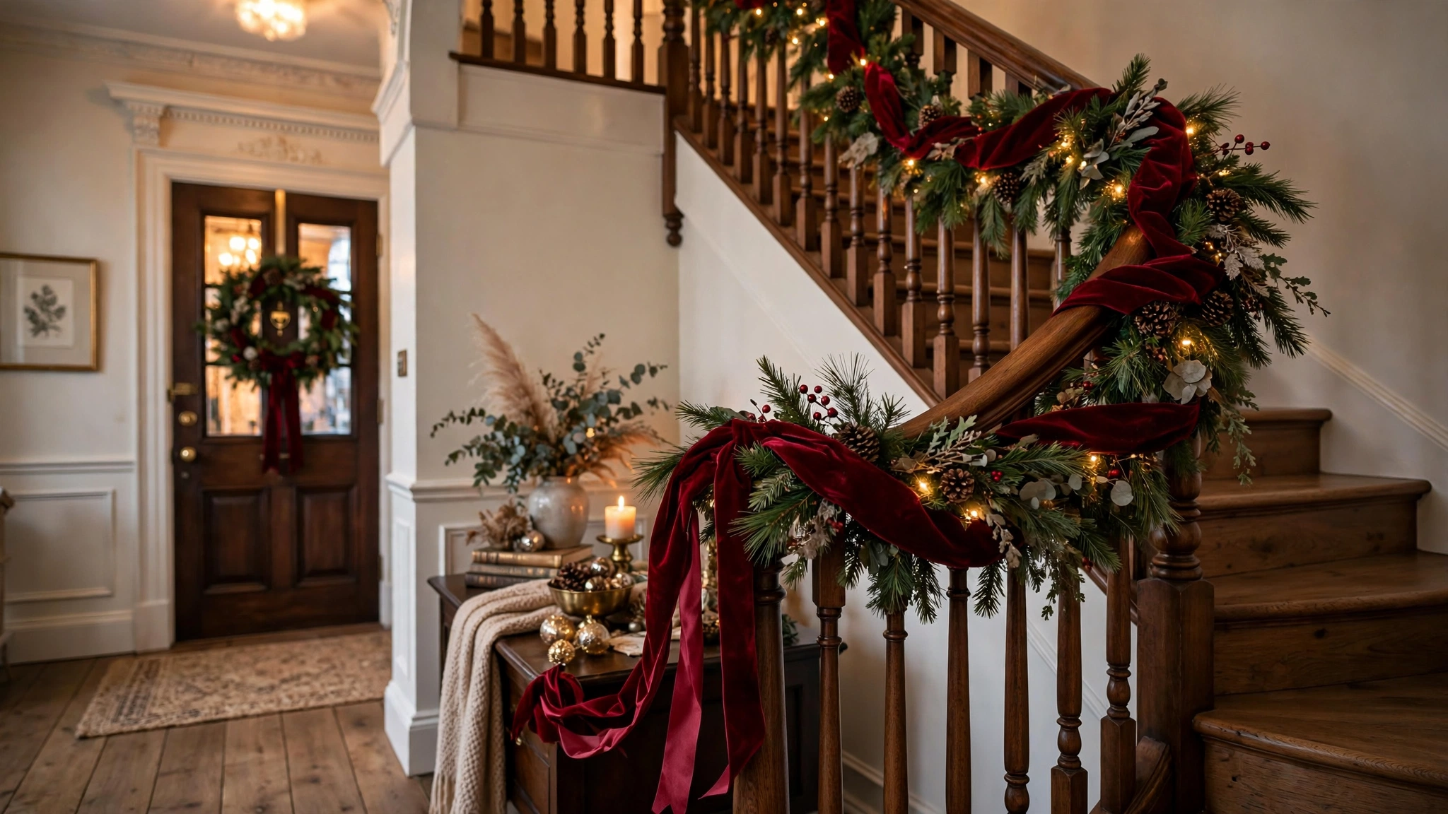 Velvet ribbon woven through stair garland in a Christmas entryway