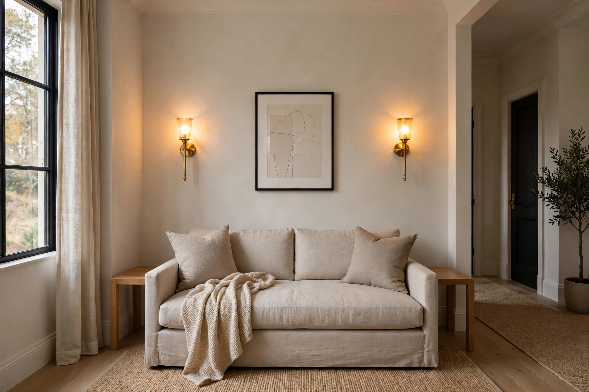 Wall sconces instead of table lamps — narrow living room idea