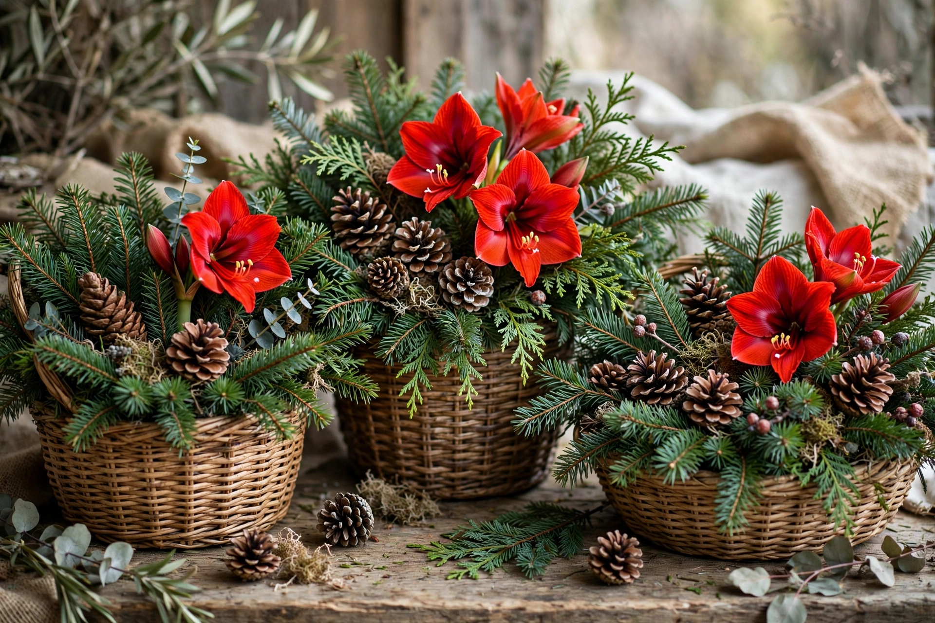 Woven baskets filled with evergreen boughs, pinecones and red amaryllis.