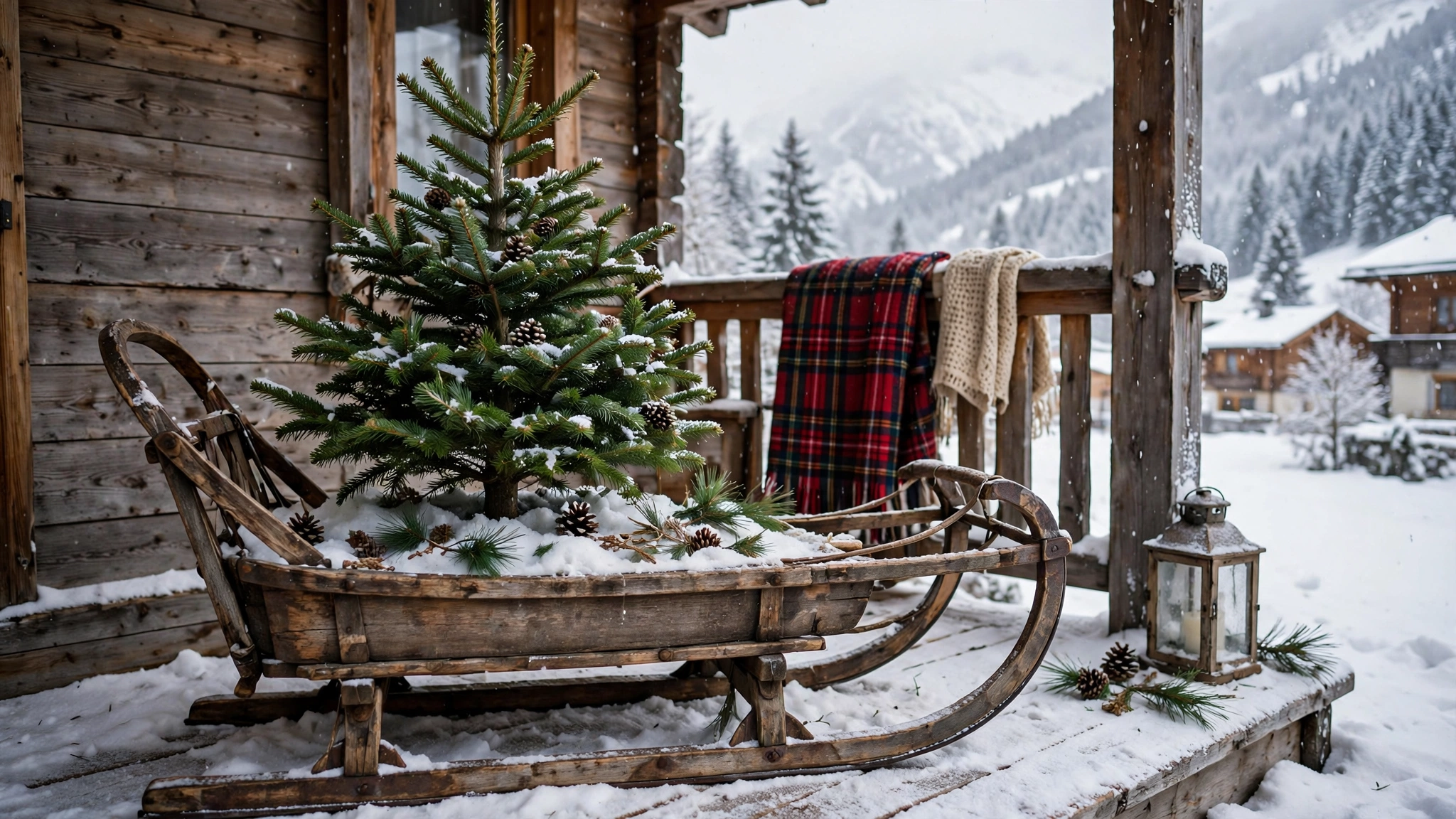 Christmas tree displayed in a vintage alpine wooden sled base on a snowy porch