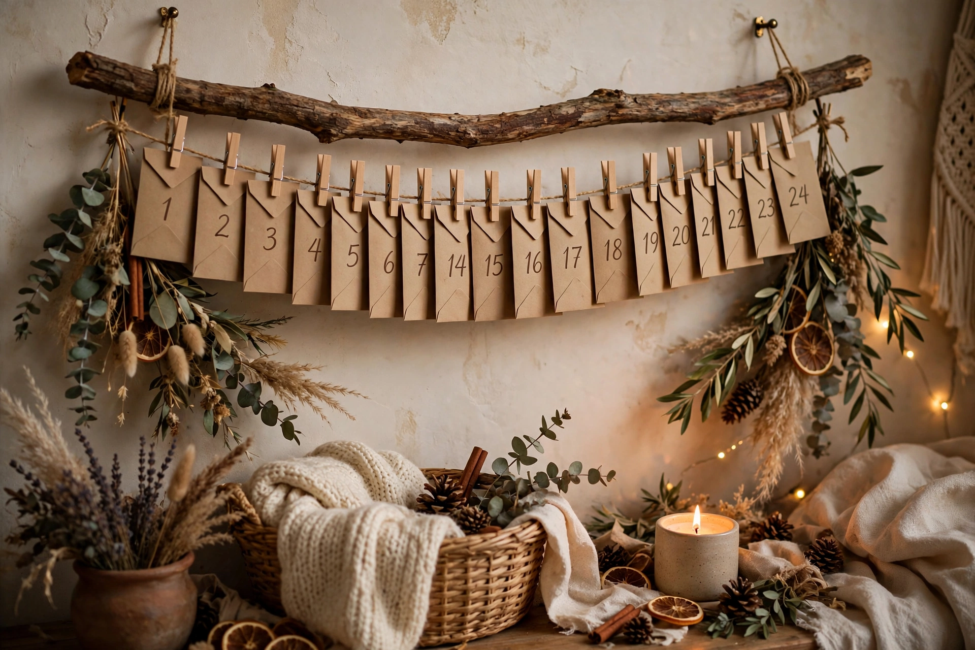 A DIY advent calendar of kraft envelopes clipped to a wooden branch