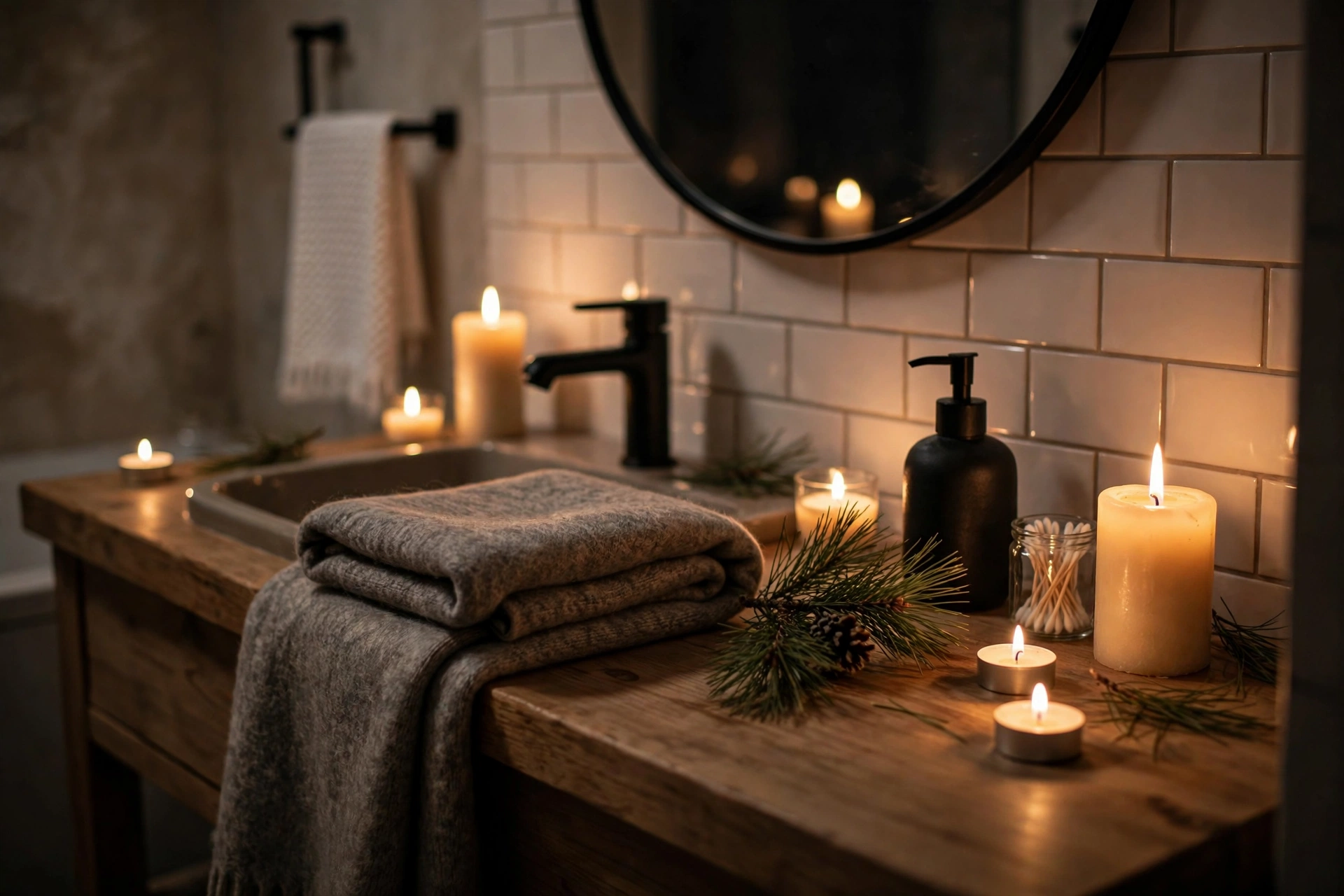 Candlelit bathroom with folded wool throw and pine sprig on a wooden counter.