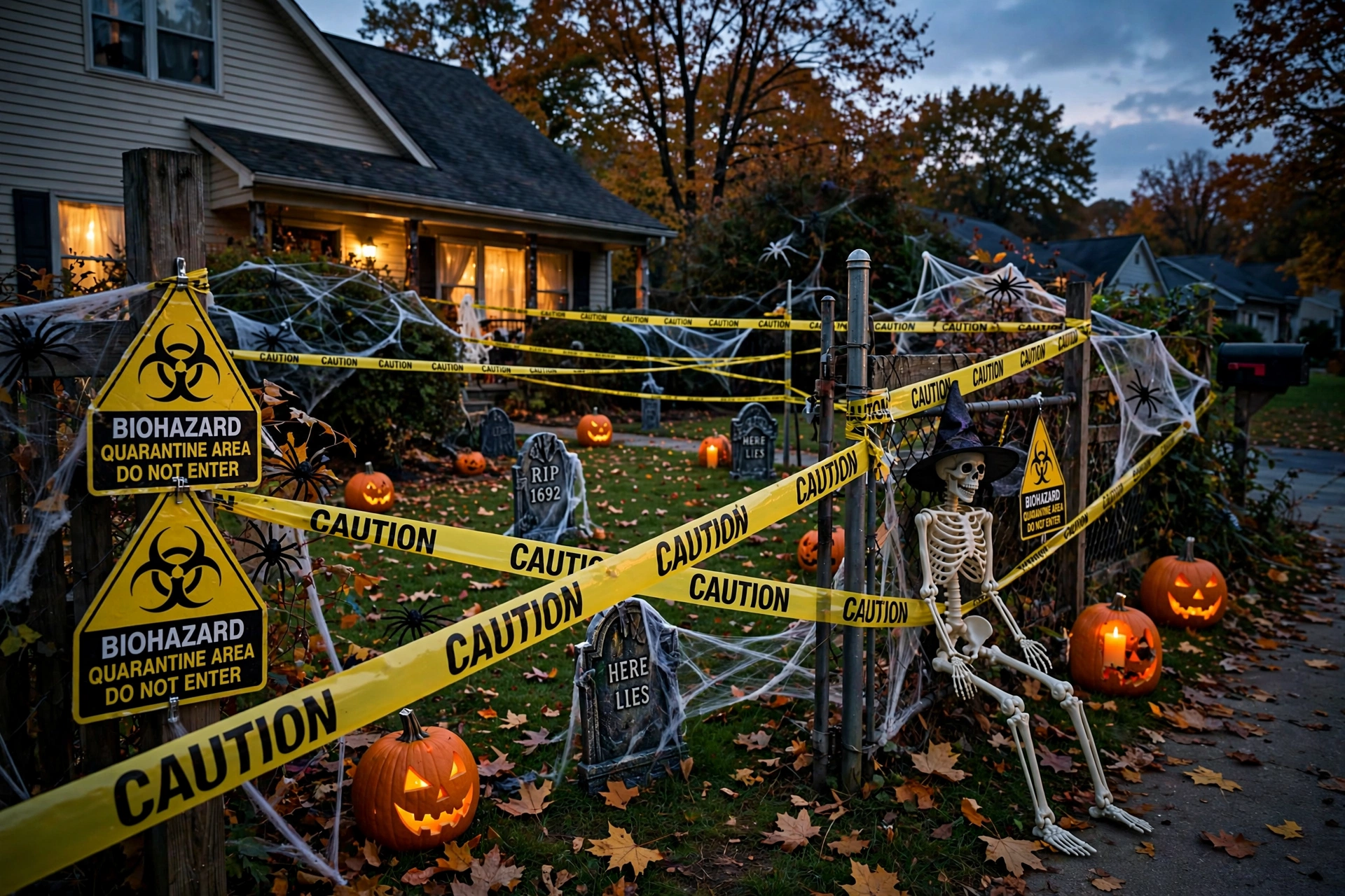 Yard fenced with yellow caution tape and biohazard signs around Halloween decorations.