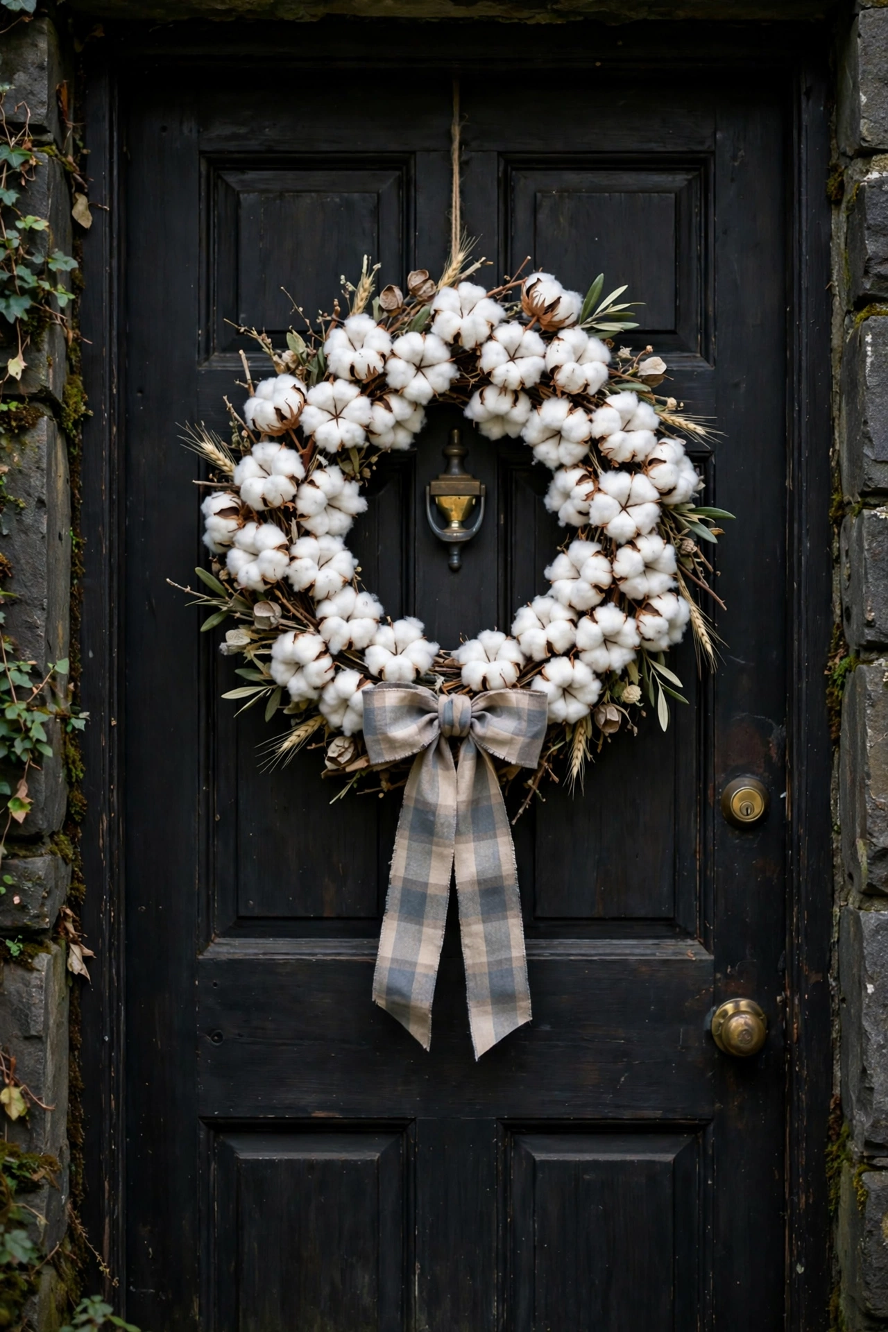 Fluffy white cotton boll wreath with muted plaid bow on a dark front door.