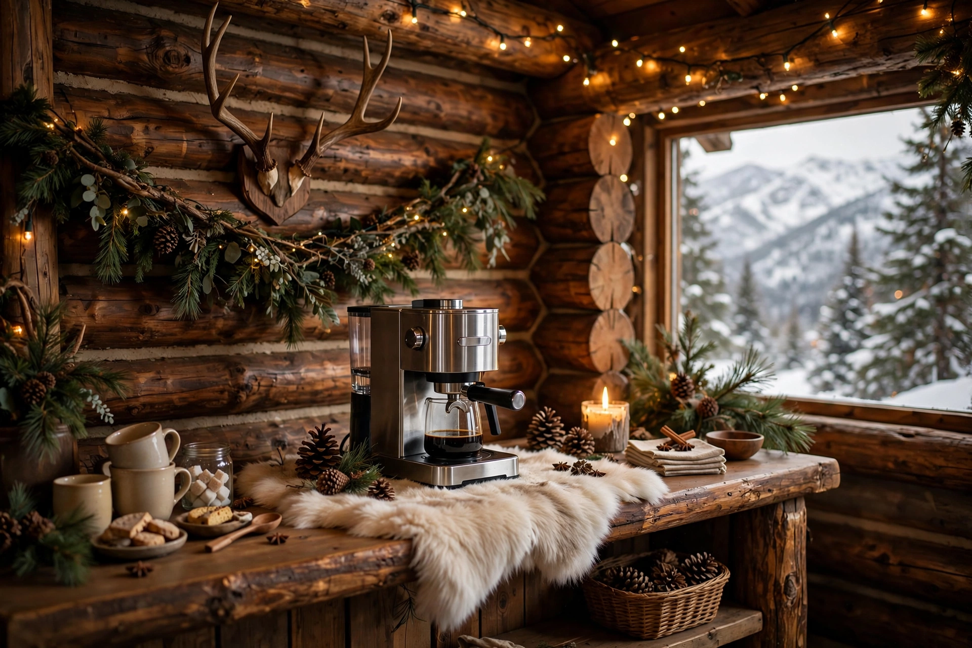 Cabin-style coffee bar with faux fur runner, pinecones and antler decor