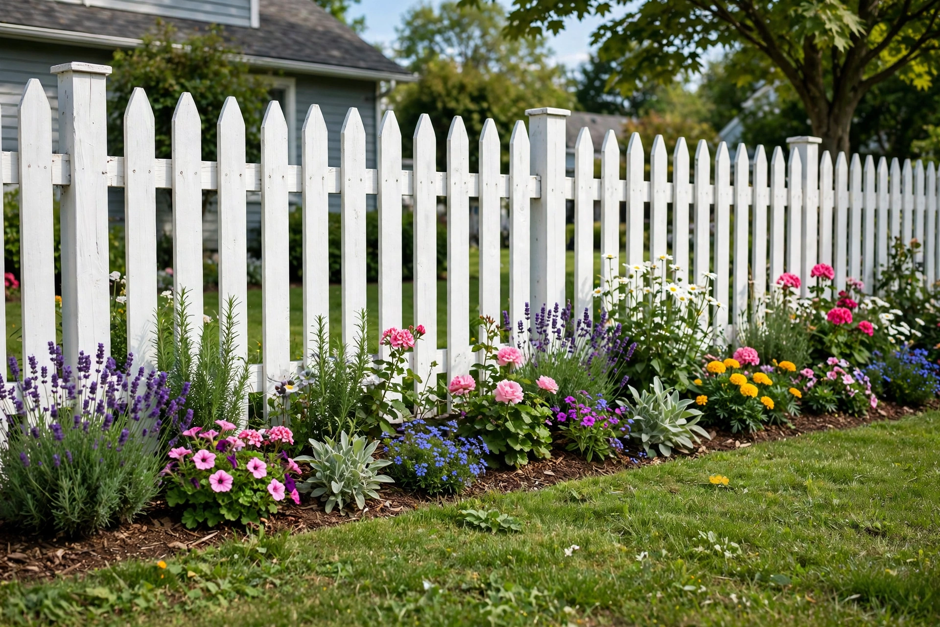 Flower beds planted along the base of a white picket fence in a front yard.