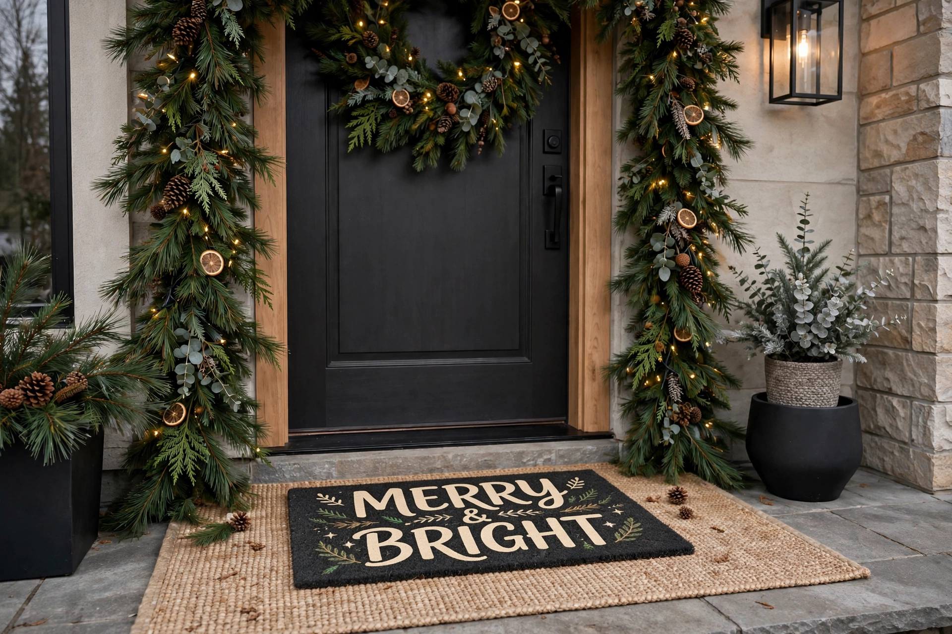 Festive doormat layered over a larger rug at a front door