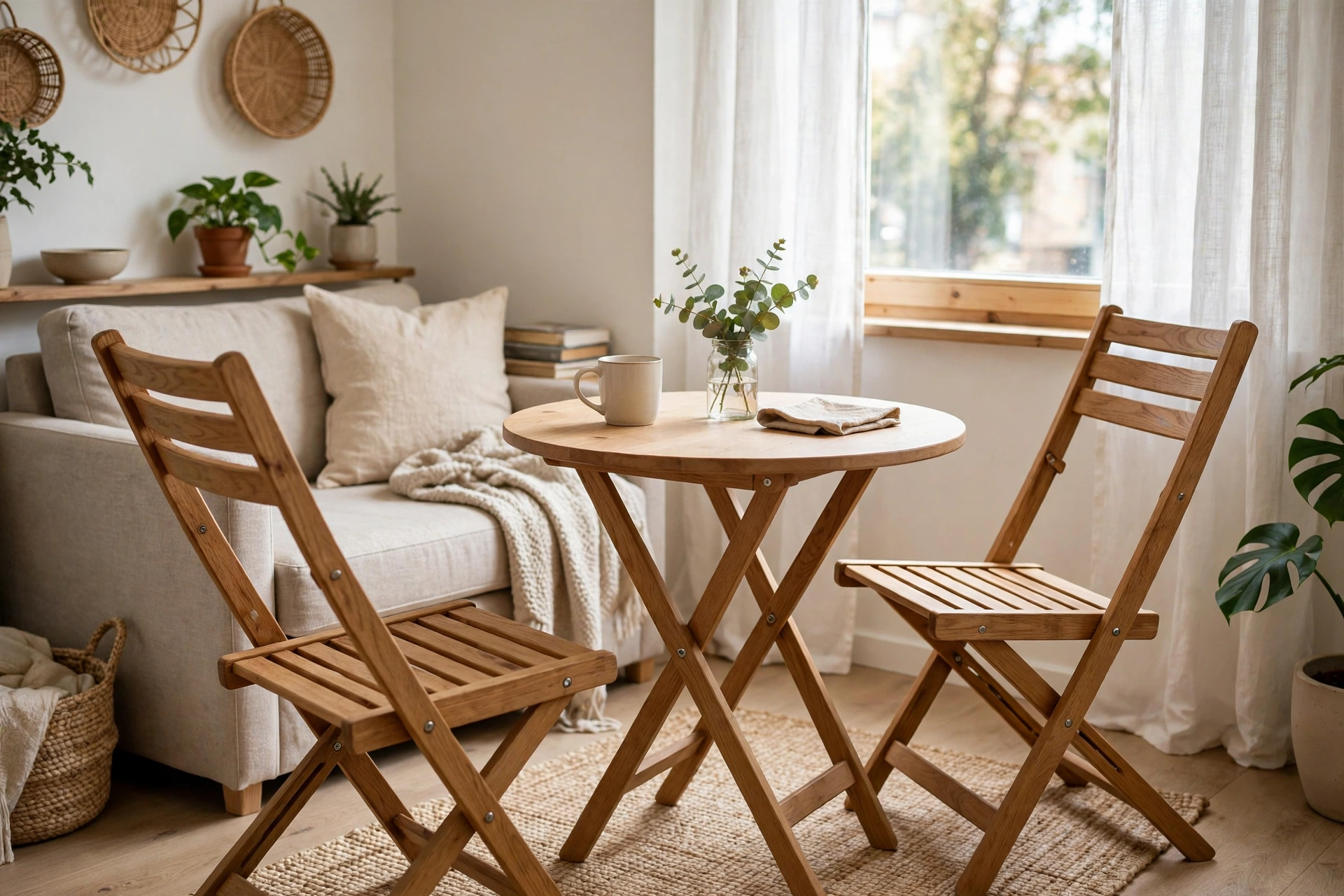 Stylish wooden folding chairs opened around a dining table in a small combo room.