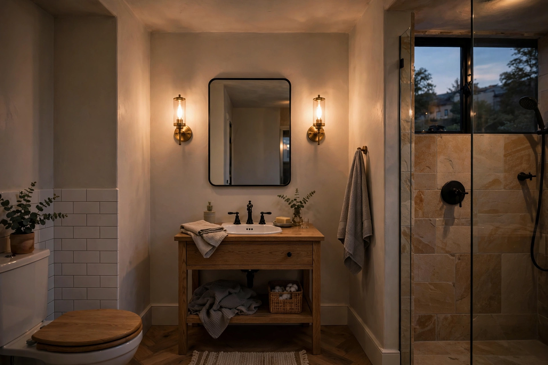 Layered dimmable lighting in a small bathroom — small bathroom decor idea