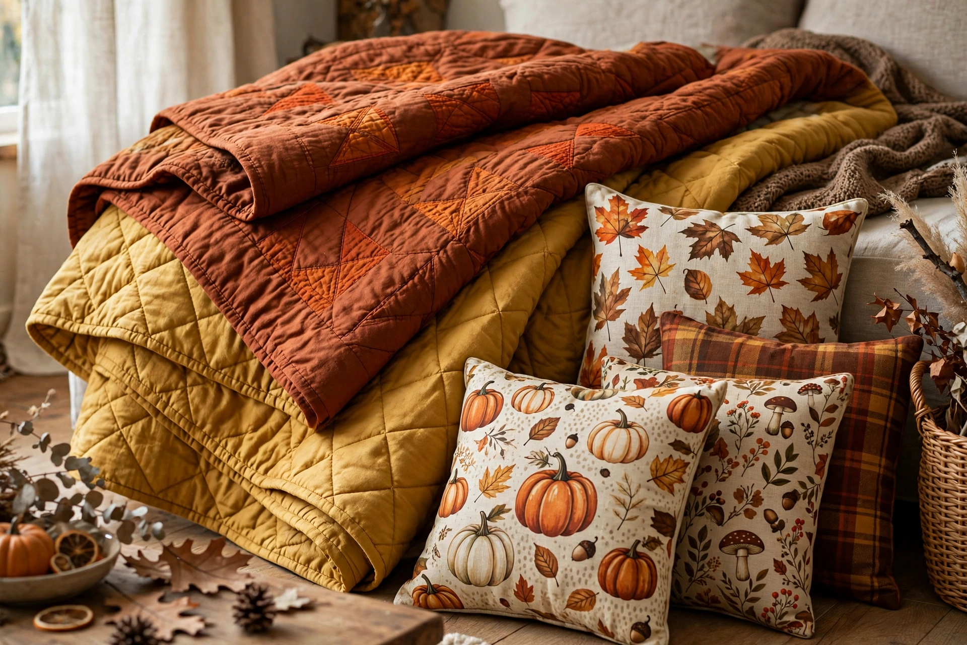 Two layered quilts in rust and gold with mismatched fall print cushions.