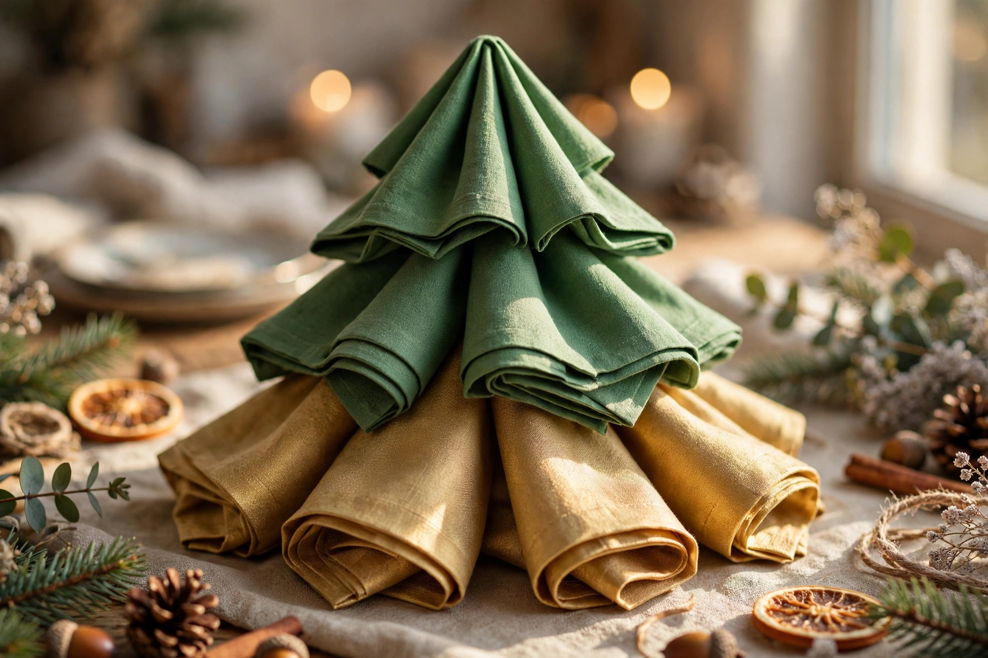 Layered two-napkin tree fold — Christmas napkin folding idea