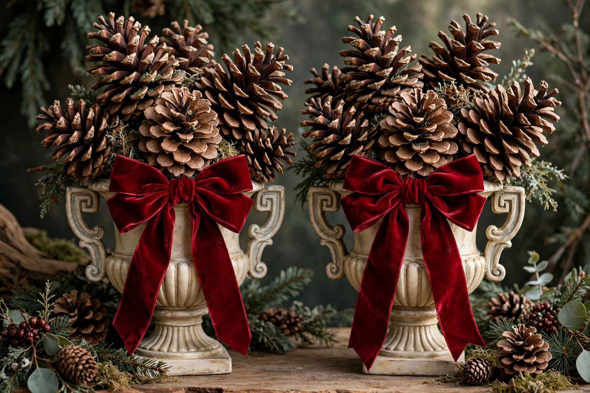 Matching urns with oversized pinecones and deep red velvet ribbon bows.