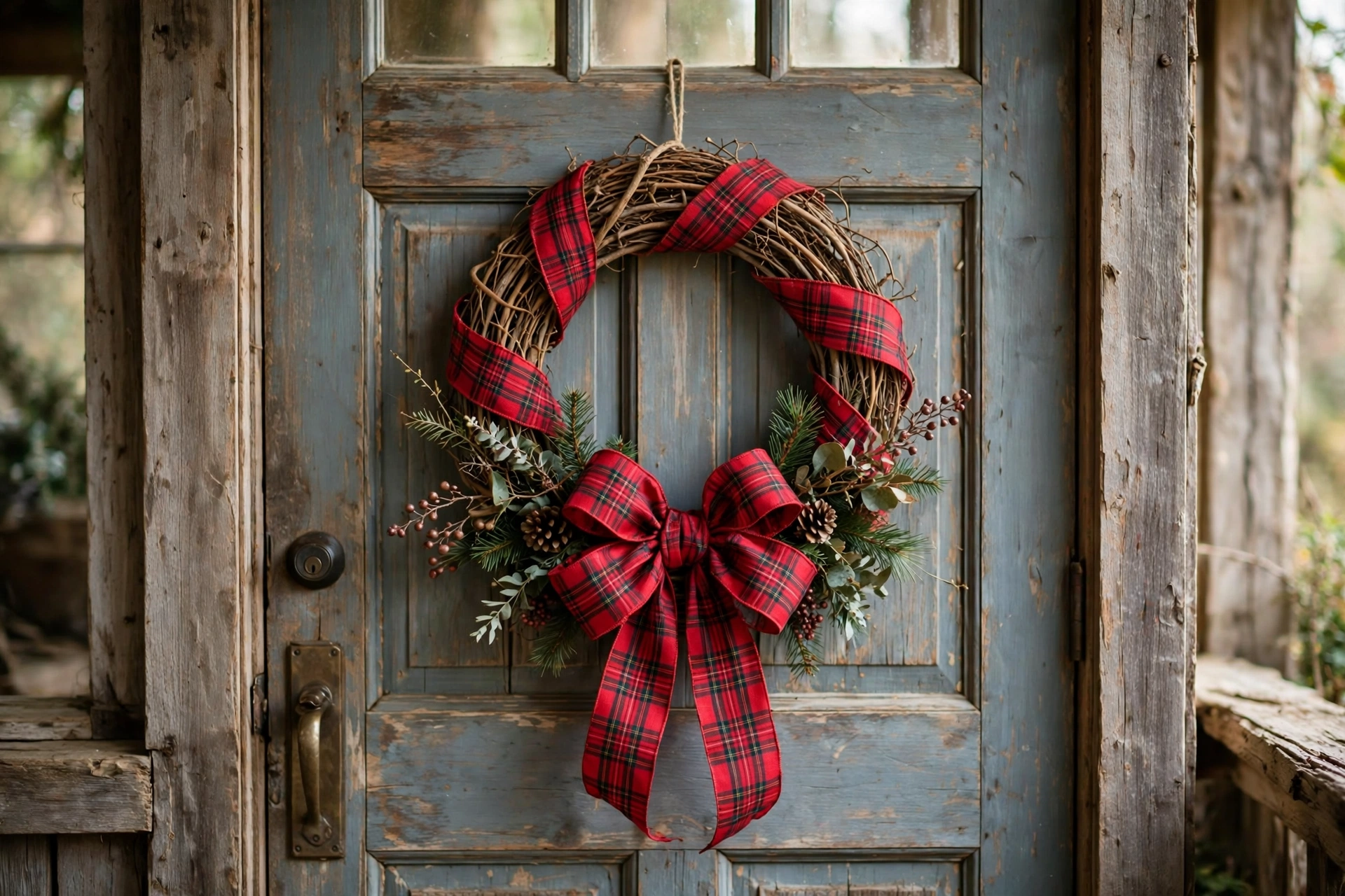 Grapevine wreath wrapped in red plaid ribbon with a big bow hanging on a farmhouse front door.